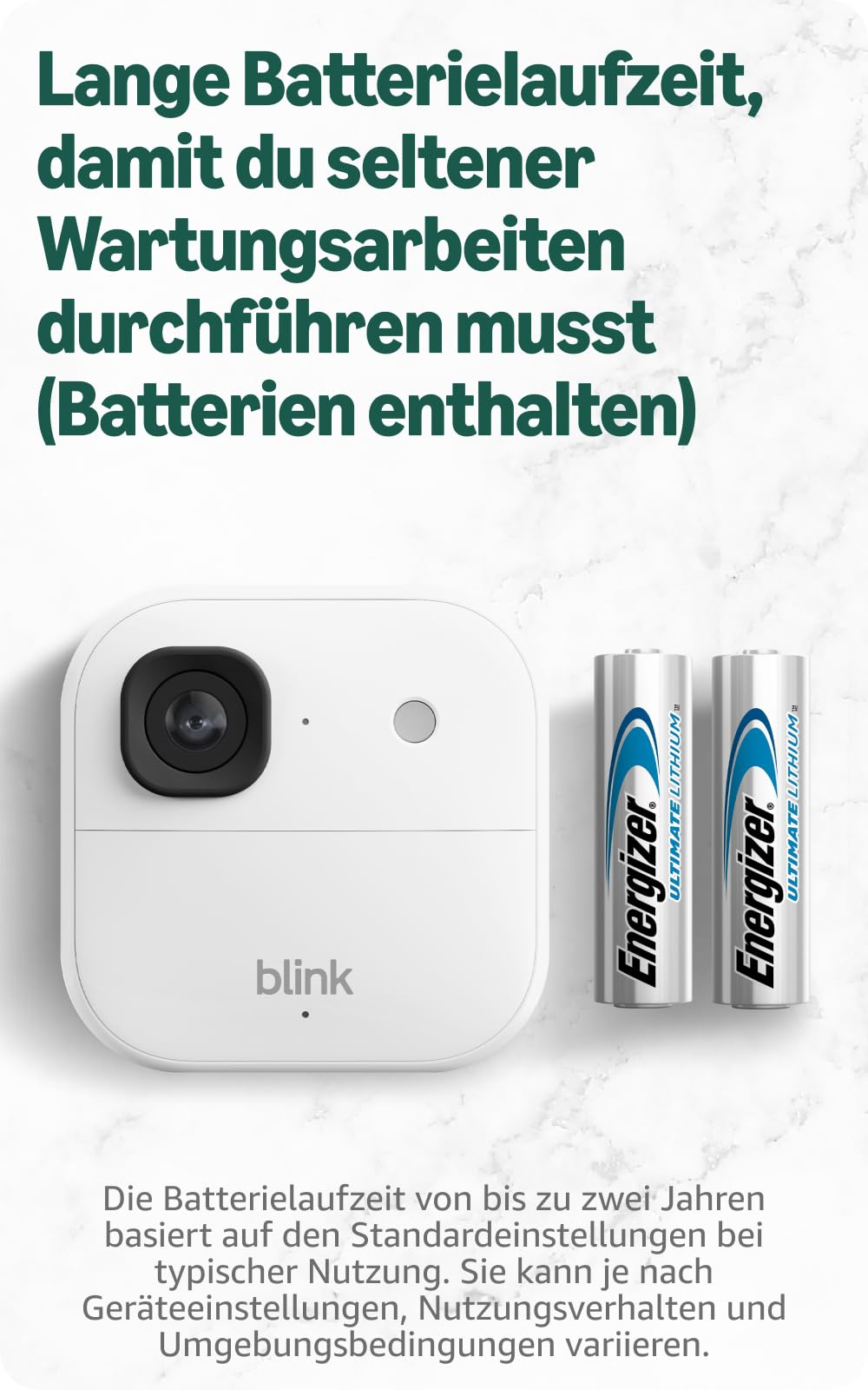 Una telecamera Blink bianca e due batterie Energizer su sfondo bianco con testo.