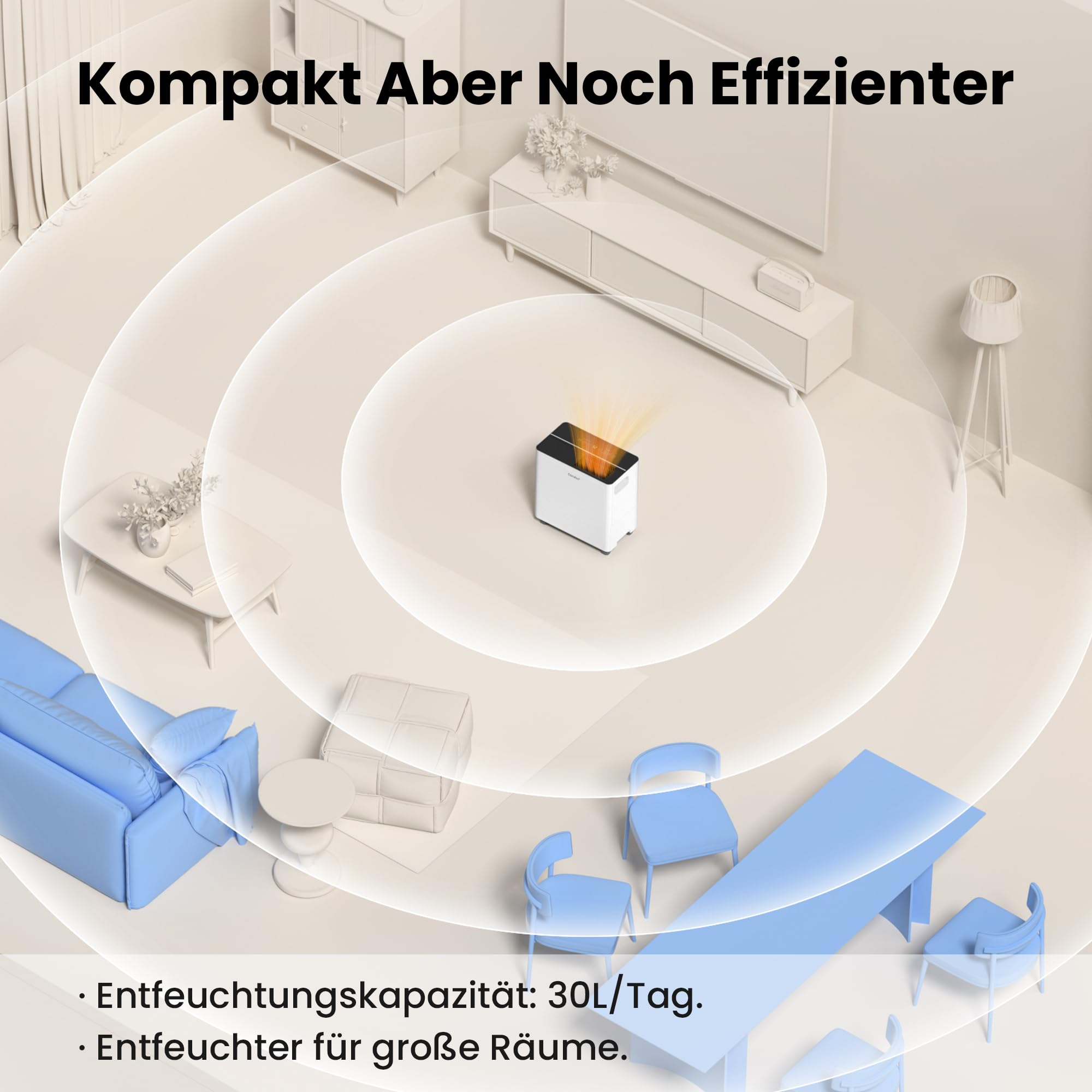 Déshumidificateur dans un salon avec des cercles rayonnants et du texte allemand.