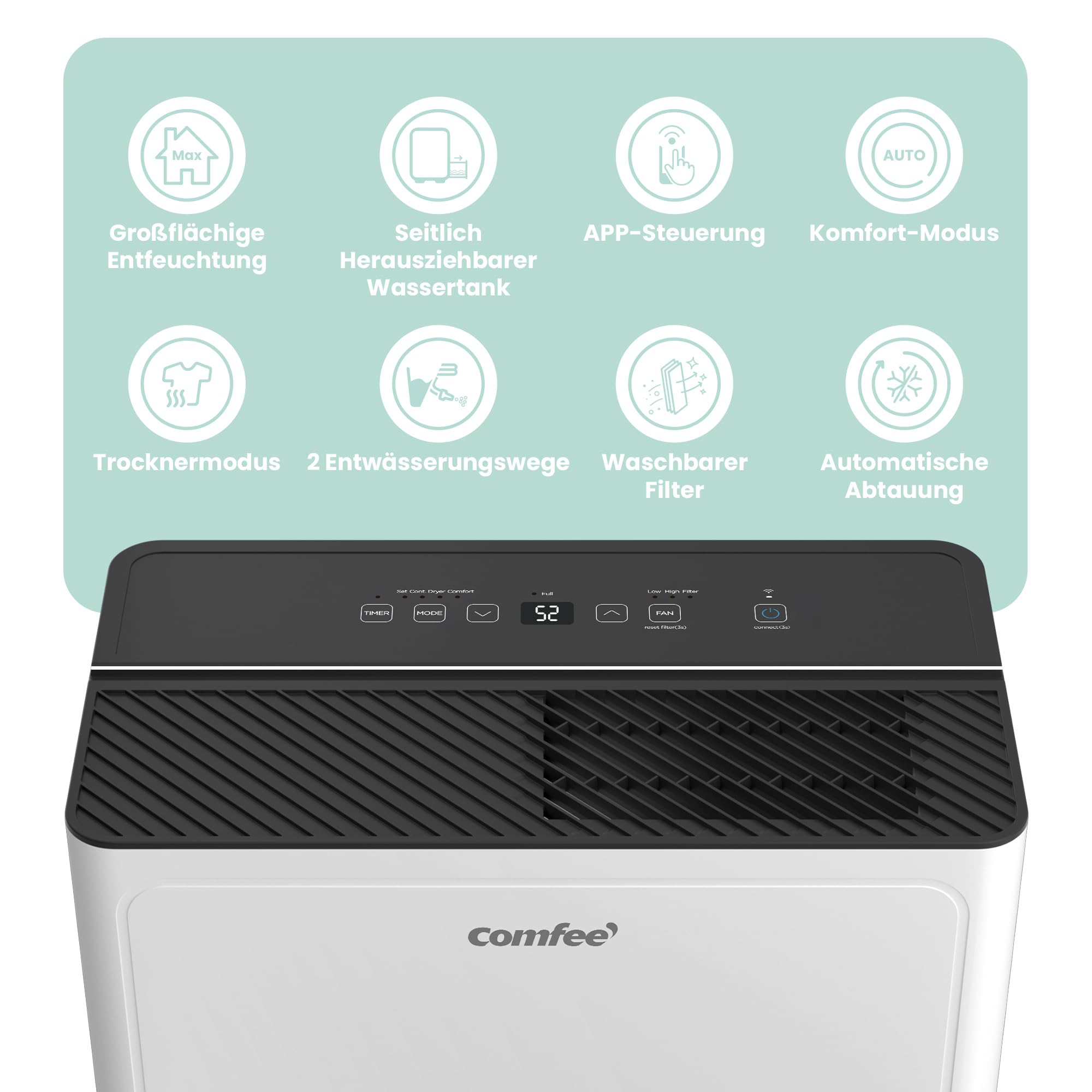Déshumidificateur avec commandes tactiles et fonctionnalités comme le contrôle par application et le filtre lavable.