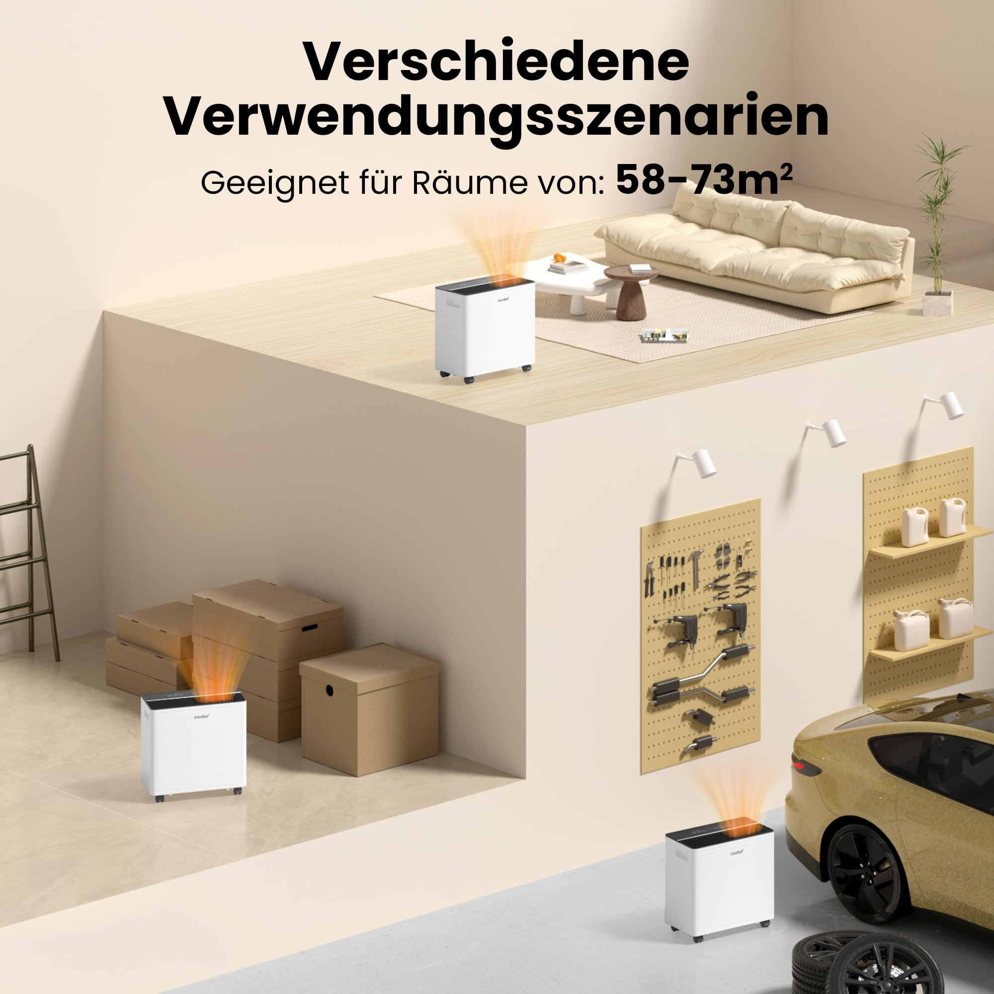 Trois déshumidificateurs blancs dans divers décors comme un salon, un atelier et un garage avec texte.