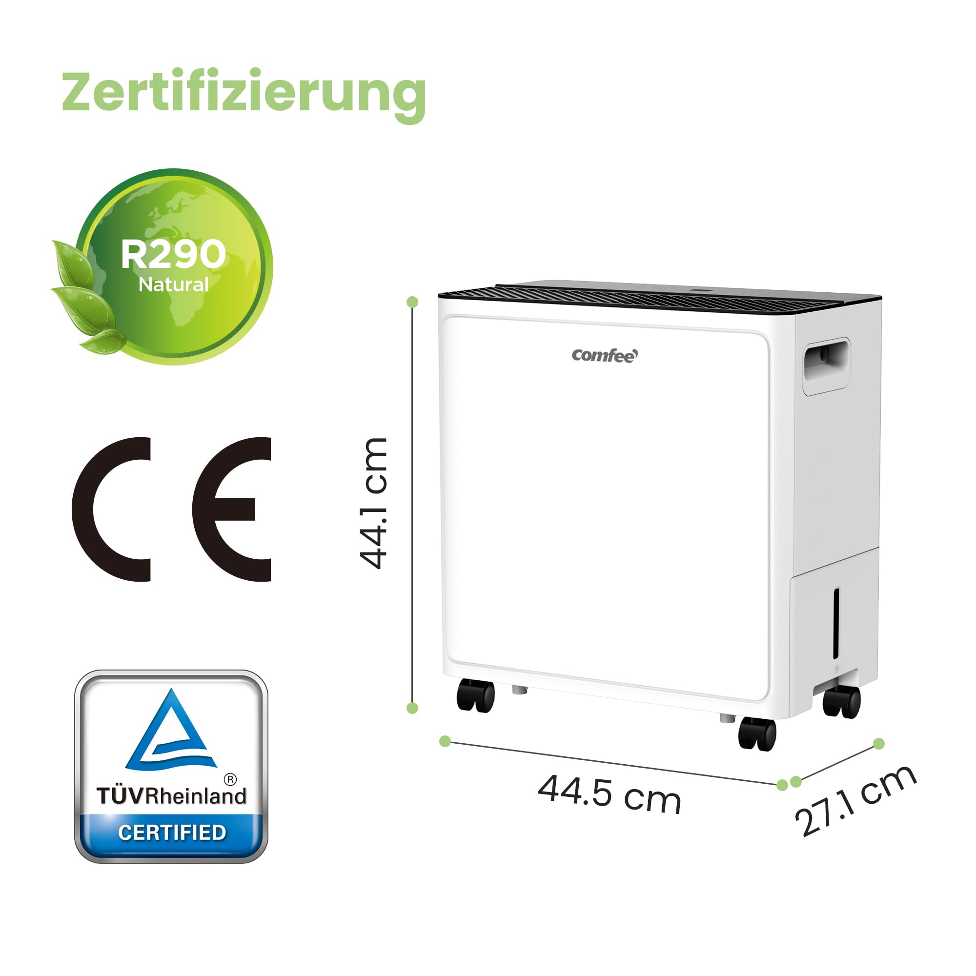 Déshumidificateur Comfee blanc aux dimensions 44.5x27.1x44.1 cm, sceau R290, marquage CE et certificat TÜV.