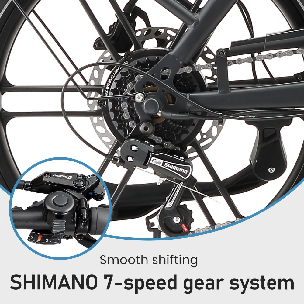 Primer plano de un sistema de cambios Shimano de 7 velocidades y freno con texto.