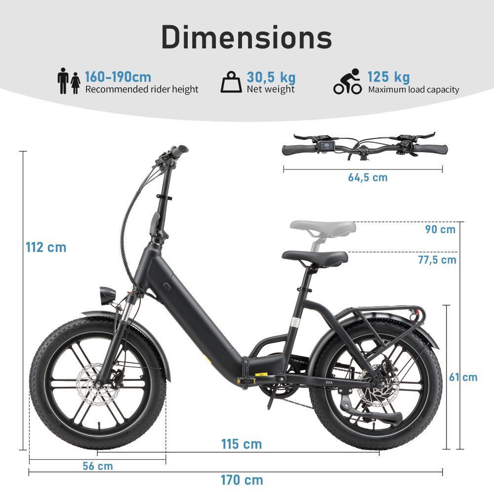 Diagrama que muestra las dimensiones técnicas y especificaciones de peso de una bicicleta eléctrica negra.
