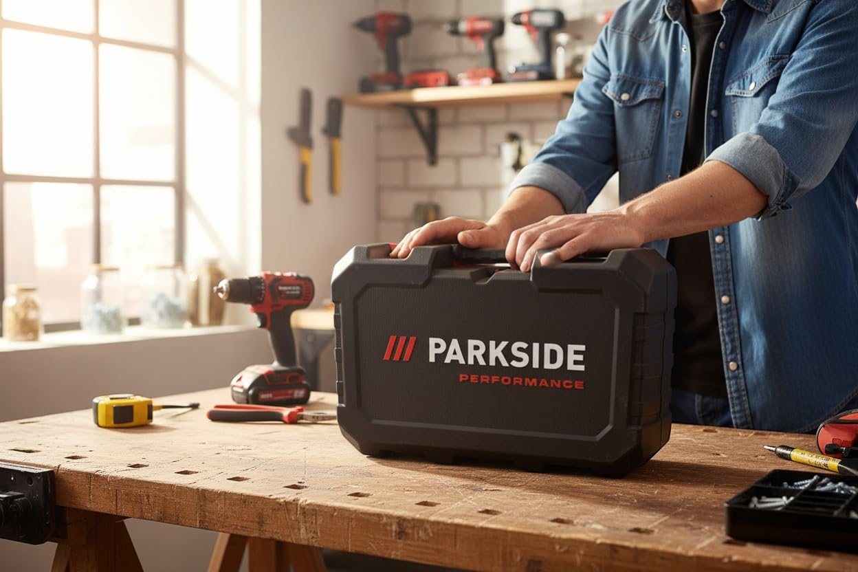 Ein Handwerker öffnet einen schwarzen Parkside Performance Werkzeugkoffer auf einer Werkbank.
