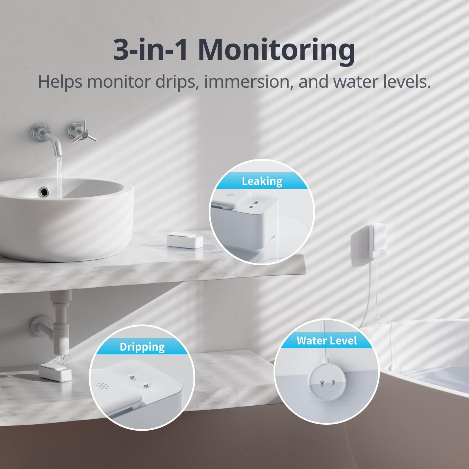 Monitoraggio 3 in 1 per perdite, gocciolamento e livello dell'acqua in bagno.