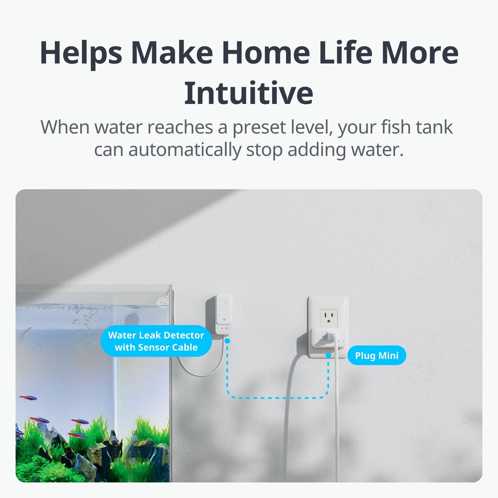 Un rilevatore di perdite d'acqua e una mini presa controllano automaticamente l'acqua di un acquario.