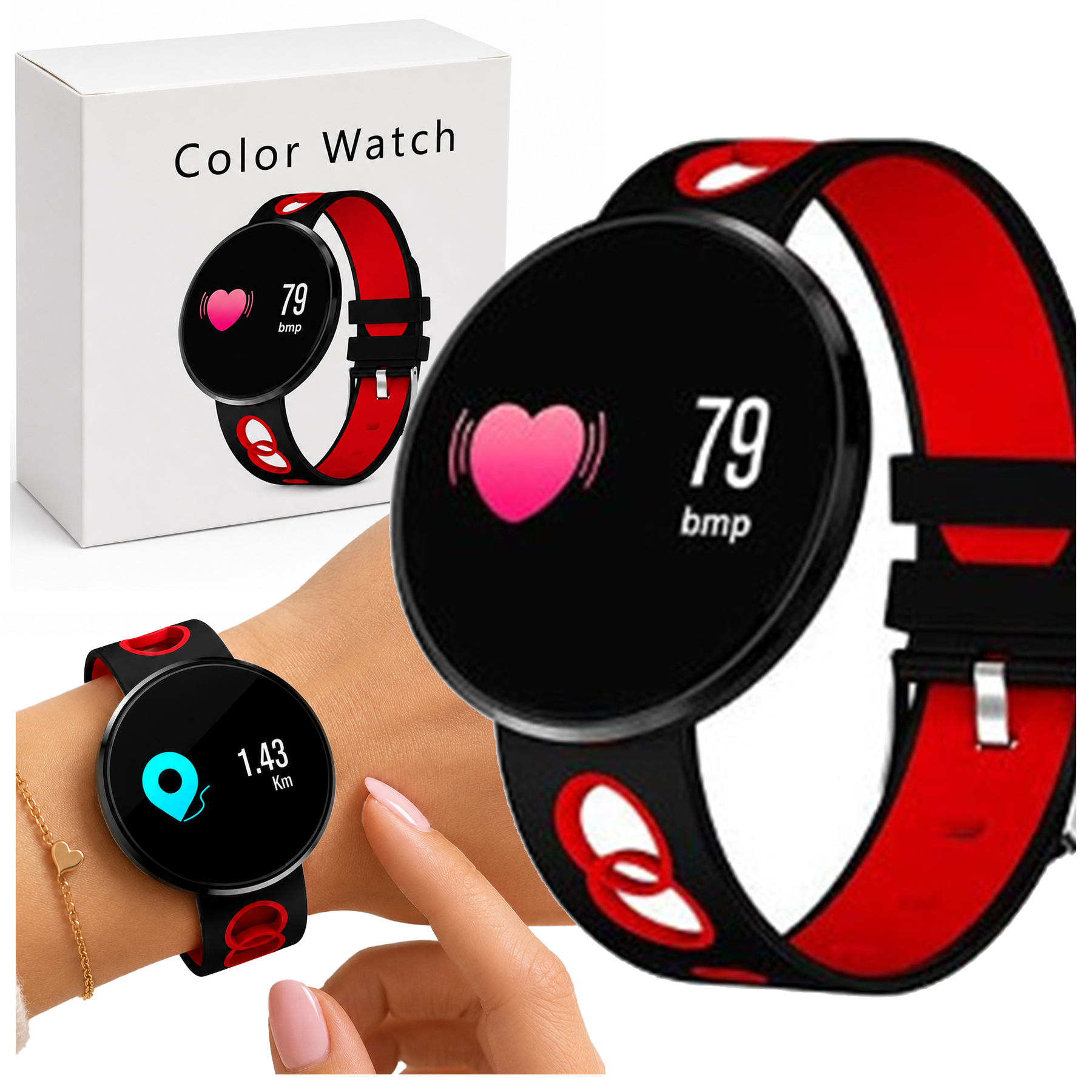 Czarno-czerwony smartwatch z monitorem tętna, obok pudełka i na nadgarstku.