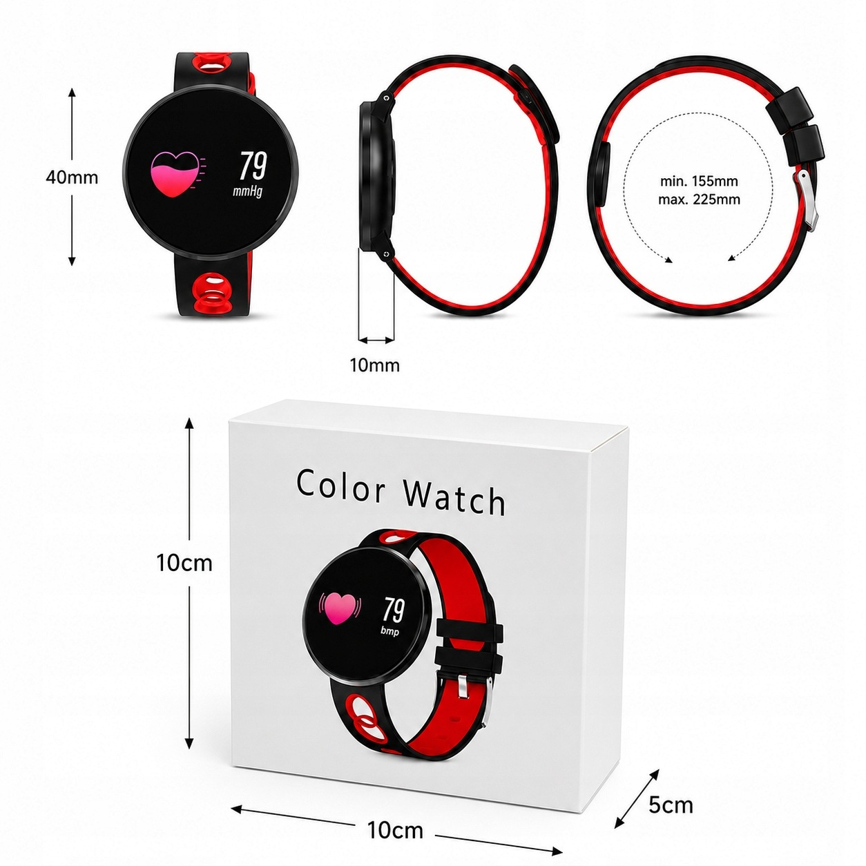 Czarno-czerwony smartwatch z wymiarami i pudełkiem.