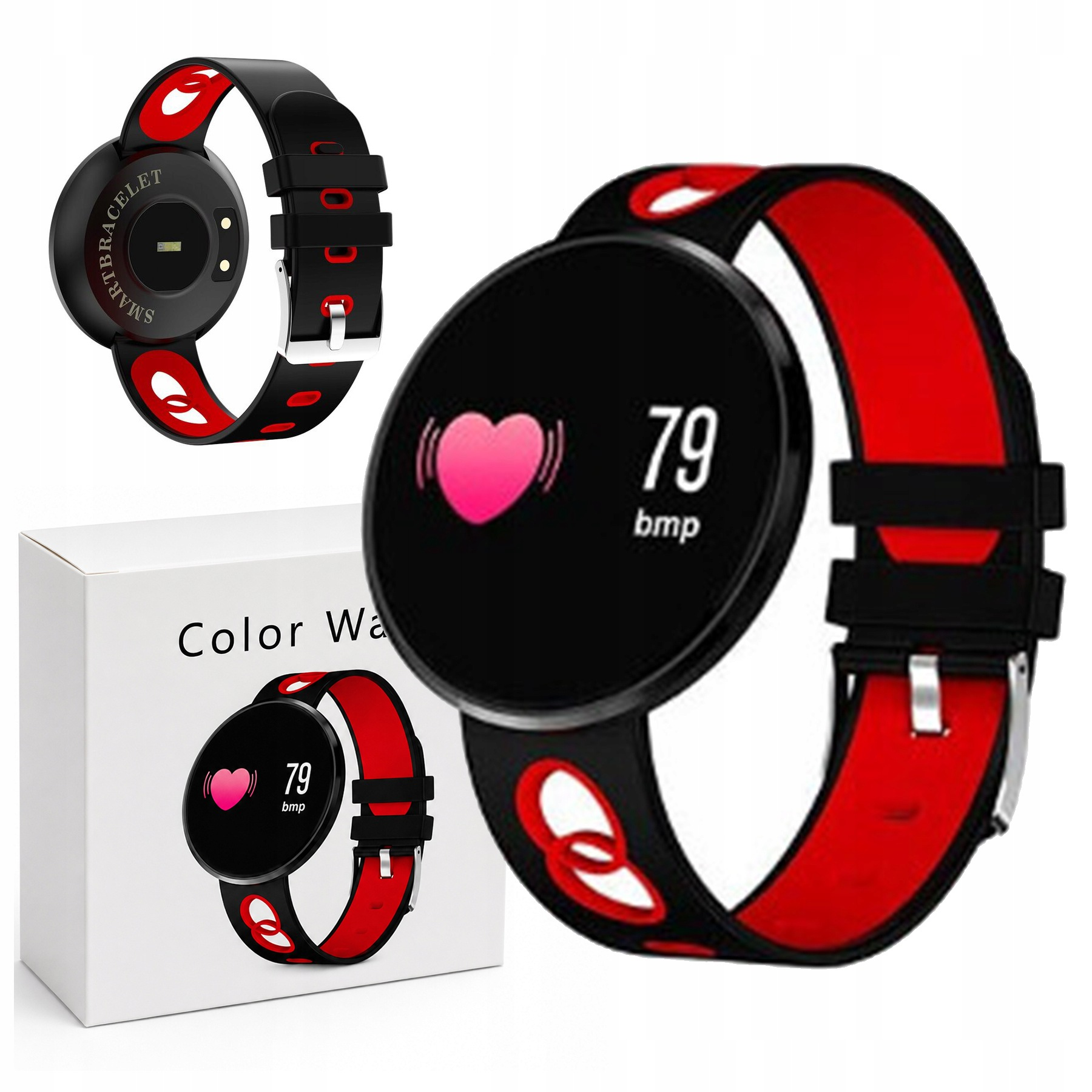 Czarno-czerwony smartwatch wyświetlający tętno, pokazany obok pasującego białego pudełka.