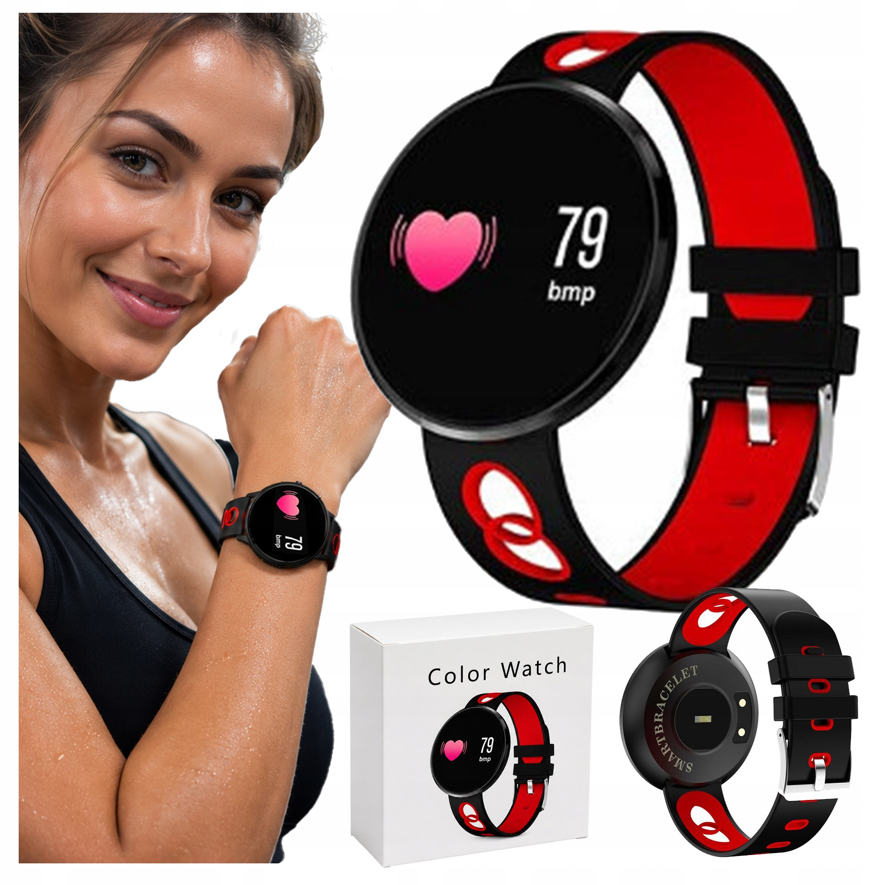 Zaw.', 'sportsmenka nosi czarno-czerwony smartwatch z pulsem, obok widoki produktu i pudełko.