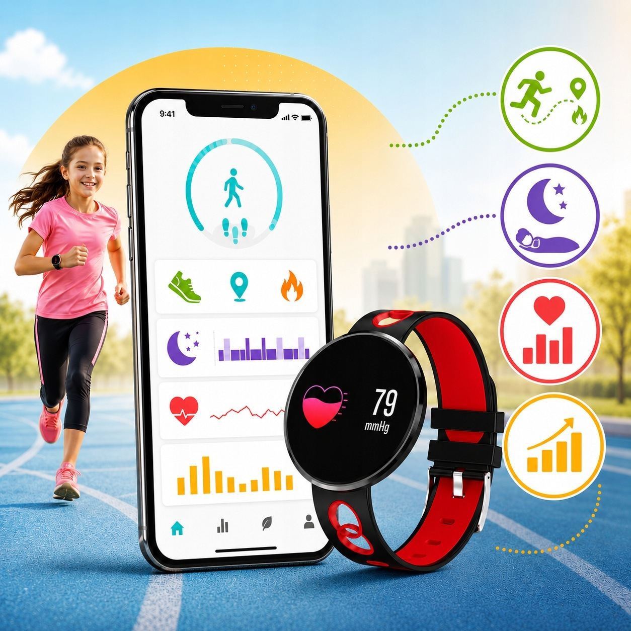 Opaska sportowa i smartfon pokazują dane zdrowotne, gdy dziewczyna biegnie po bieżni.