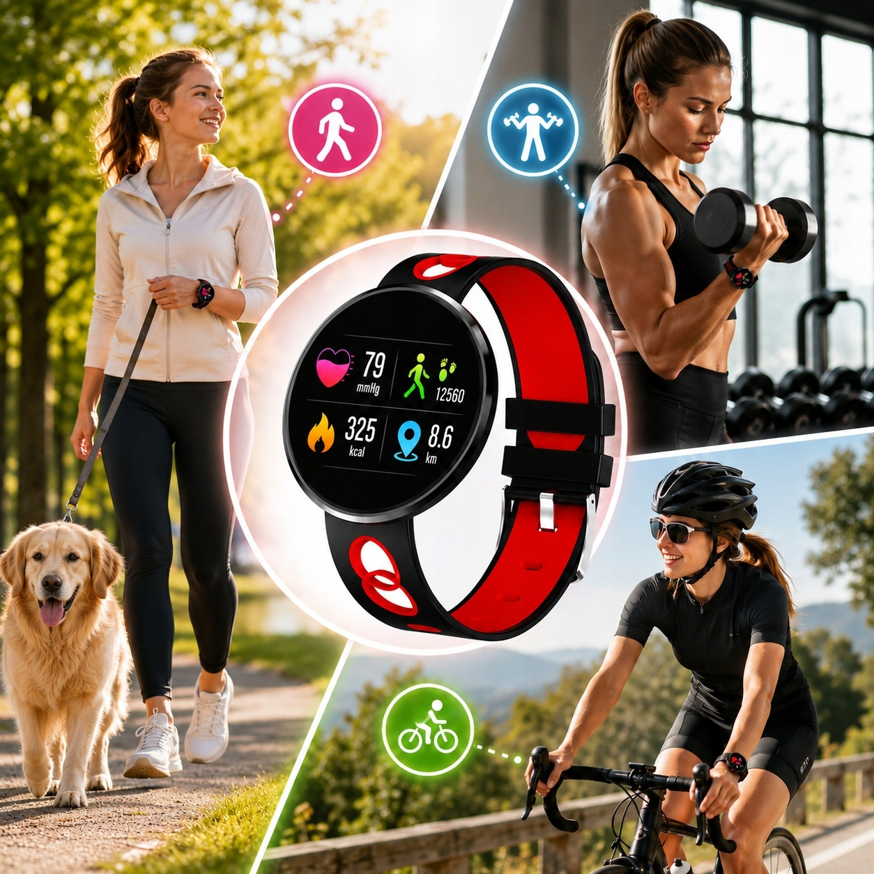 Smartwatch z wyświetlaczem fitness otoczony zdjęciami osób spacerujących, podnoszących ciężary i jeżdżących na rowerze.