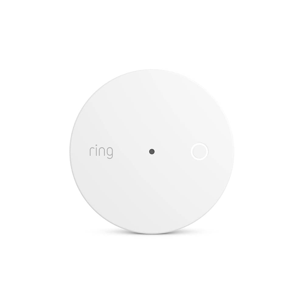 Dispositivo smart Ring circolare bianco con logo a sinistra e piccolo pulsante a destra su sfondo bianco.