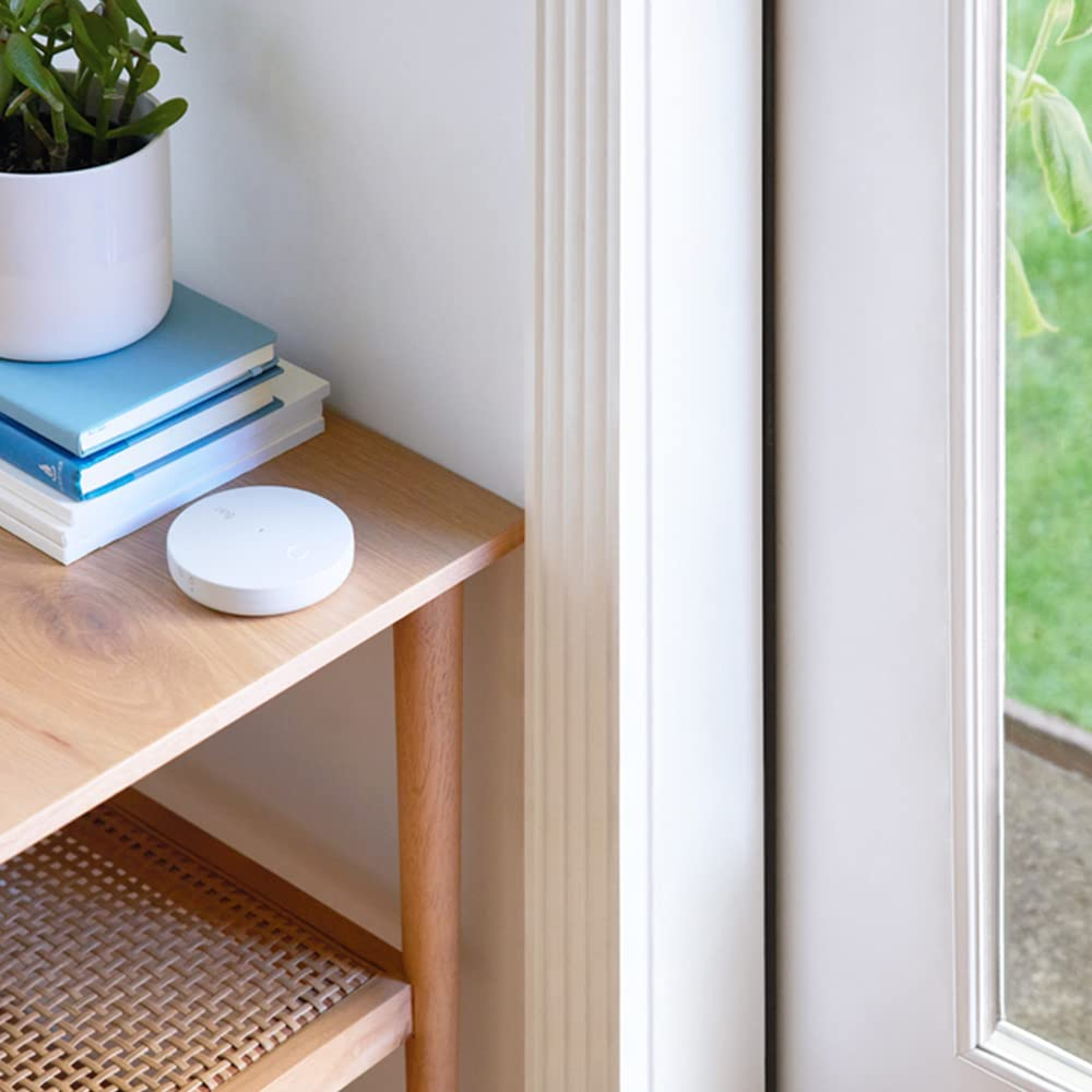 Un dispositivo hub bianco si trova su un ripiano in legno vicino a libri blu, una pianta in vaso e una finestra.