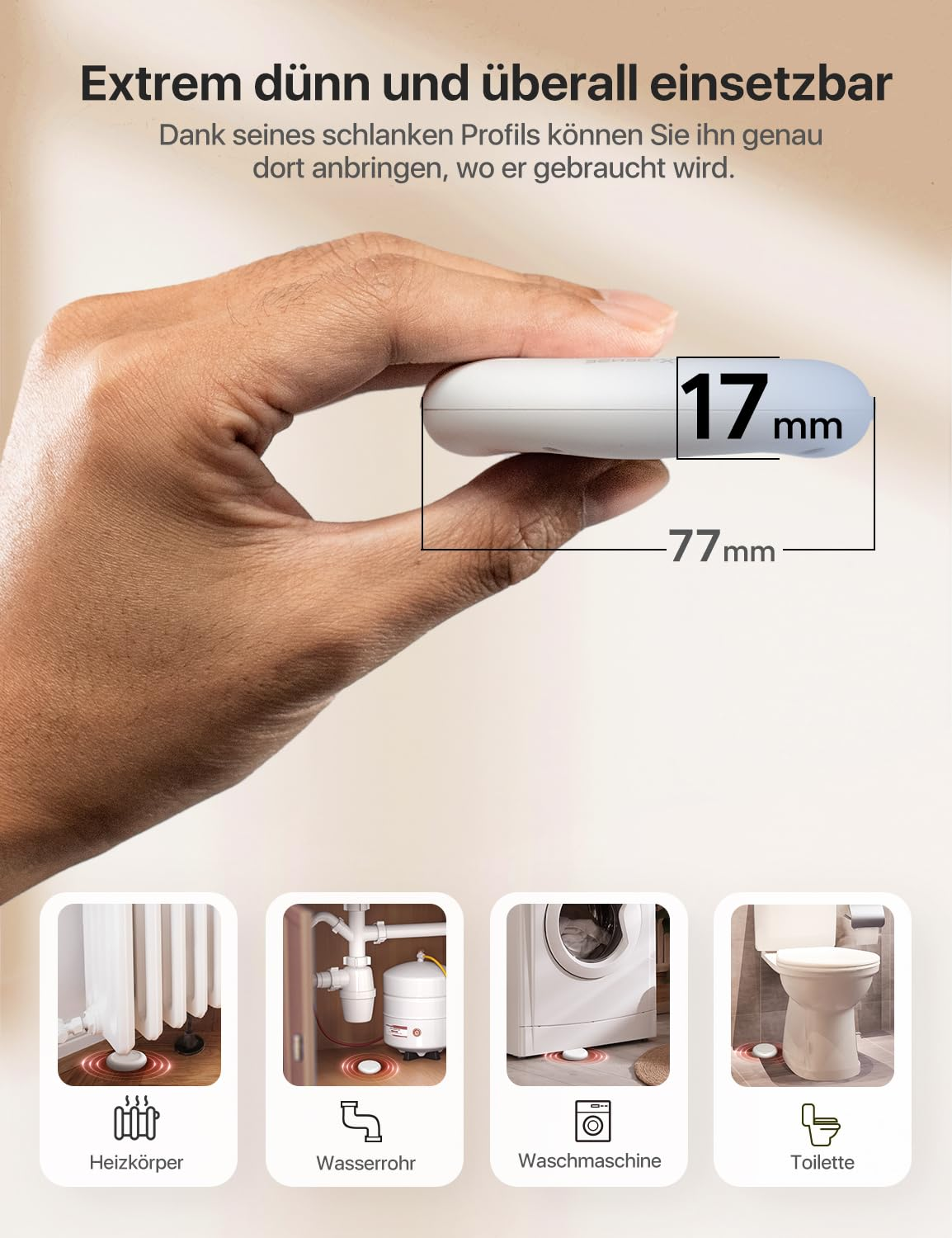 Mano tiene un dispositivo bianco di 17mm per 77mm, con quattro esempi d'uso.