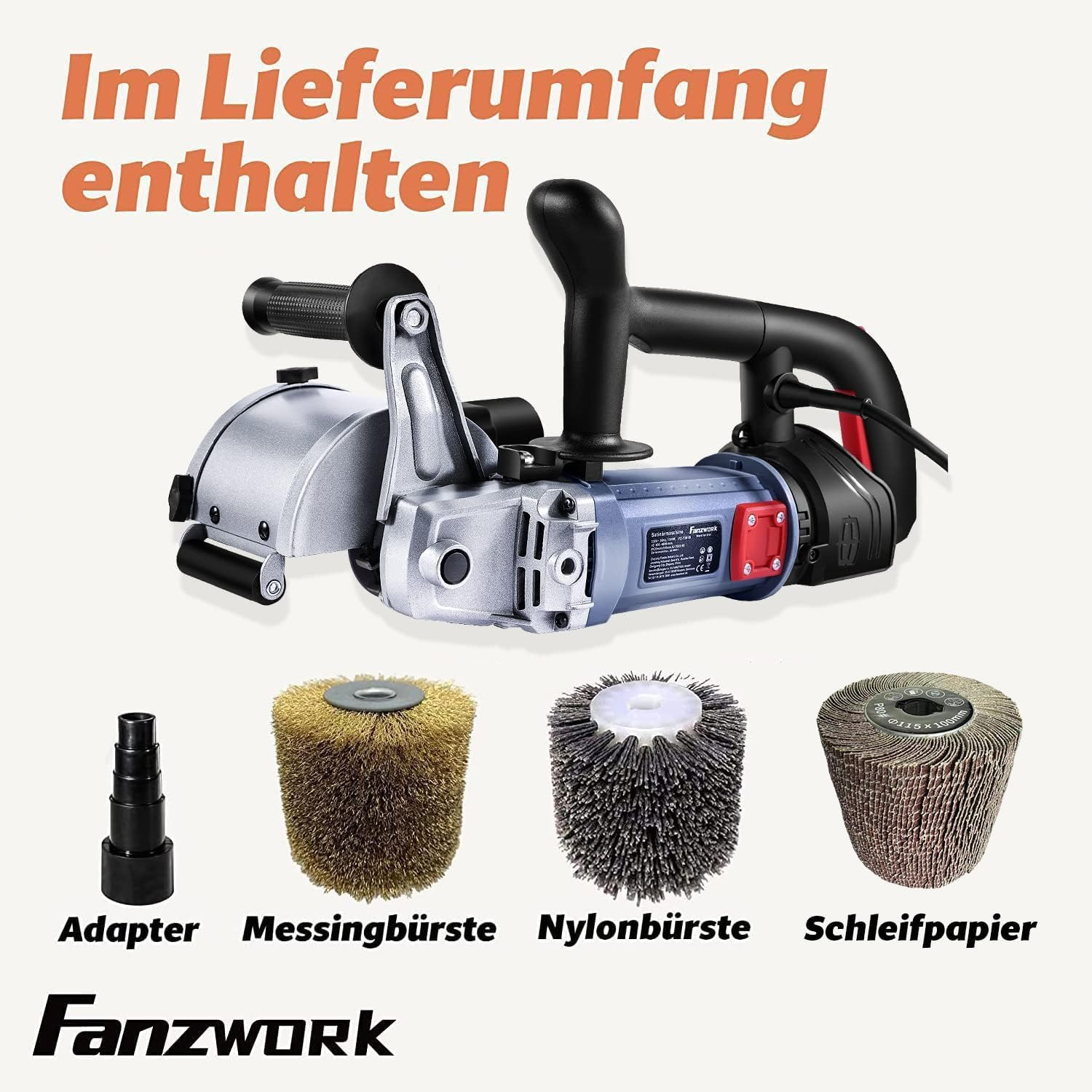 Fanzwork-Satiniermaschine mit Adapter, Messingbürste, Nylonbürste und Schleifpapier.