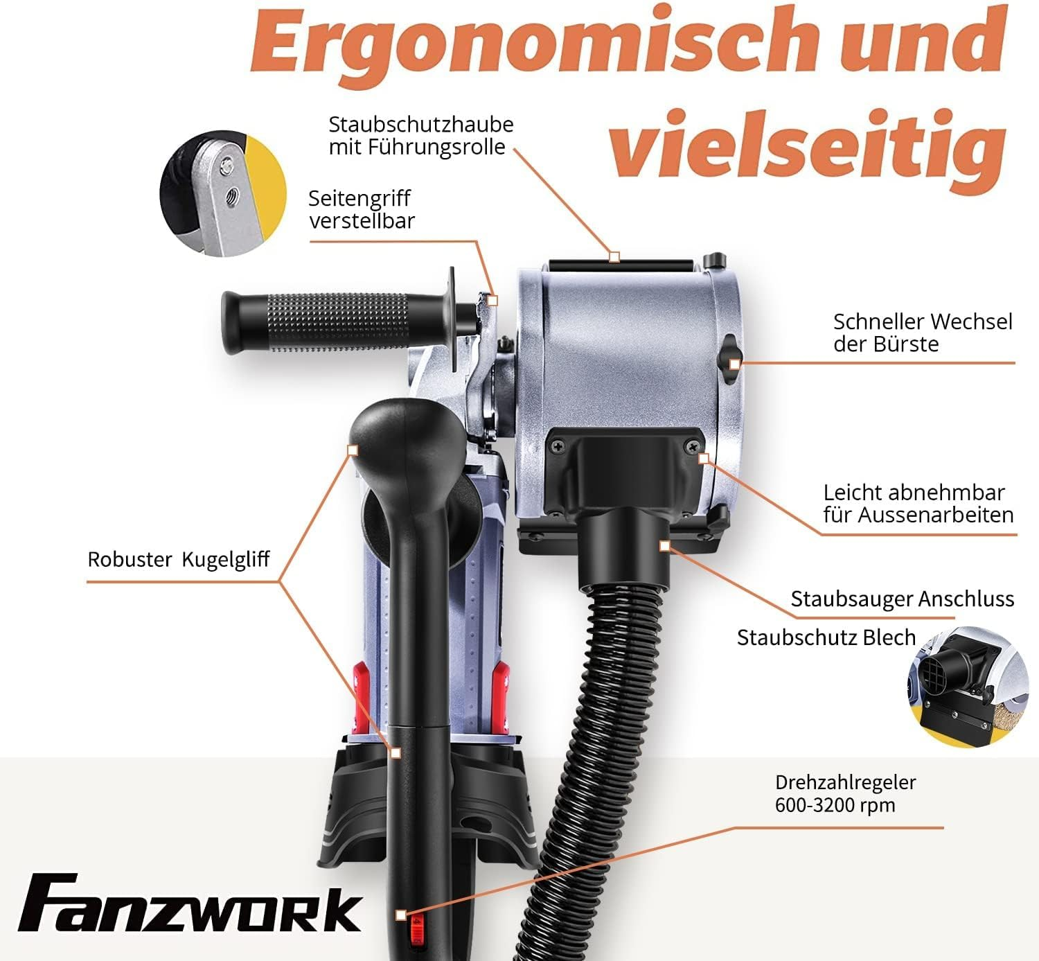 Technische Zeichnung und Ansicht eines ergonomischen elektrischen Werkzeugs mit verschiedenen Beschriftungen.