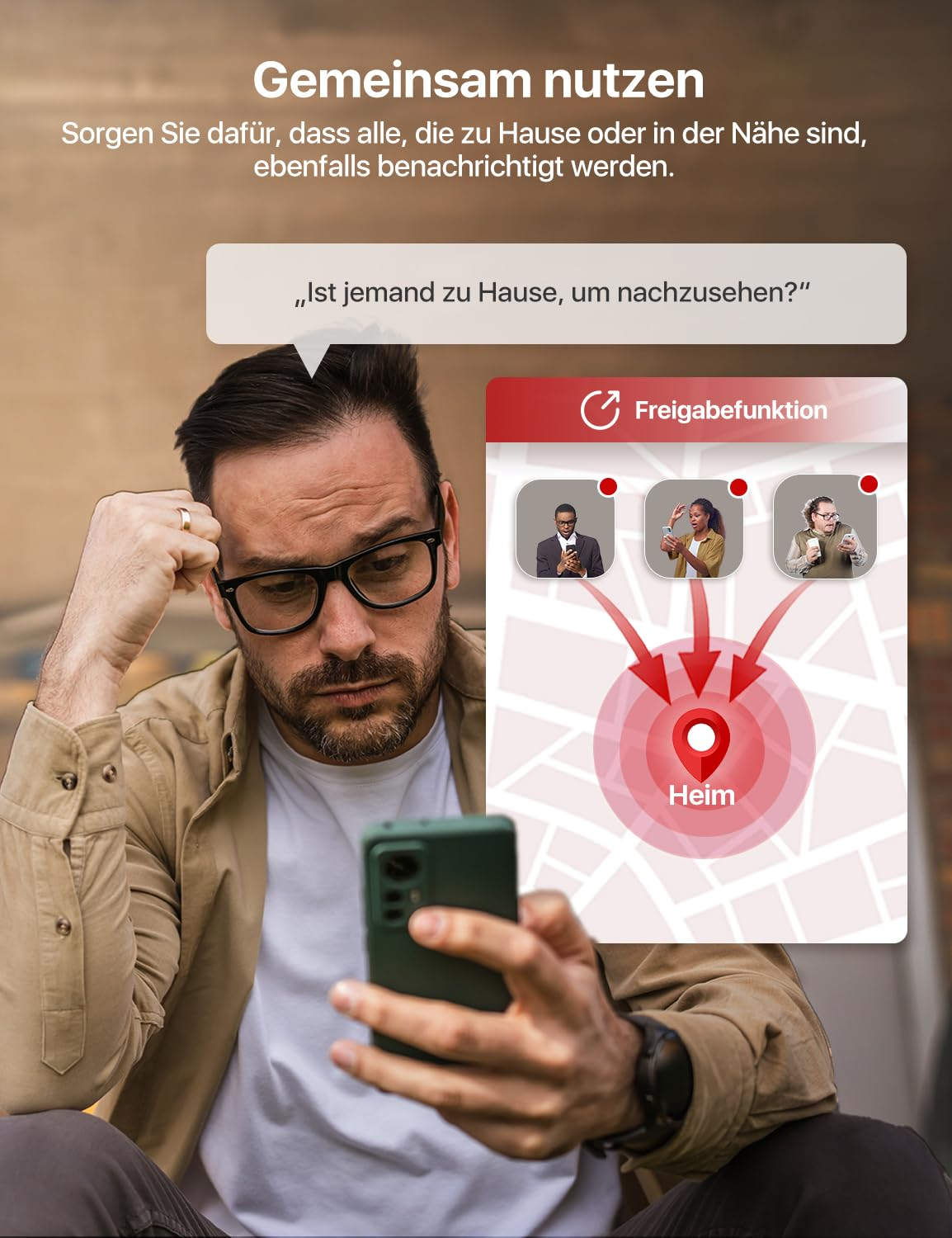 Un uomo usa un'app per condividere avvisi con persone vicine e a casa.