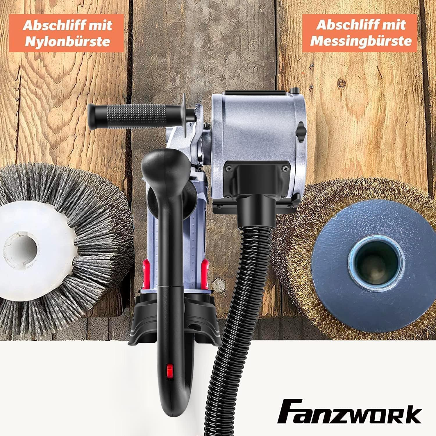 Elektrowerkzeug mit Nylon- und Messingbürsten auf Holz.