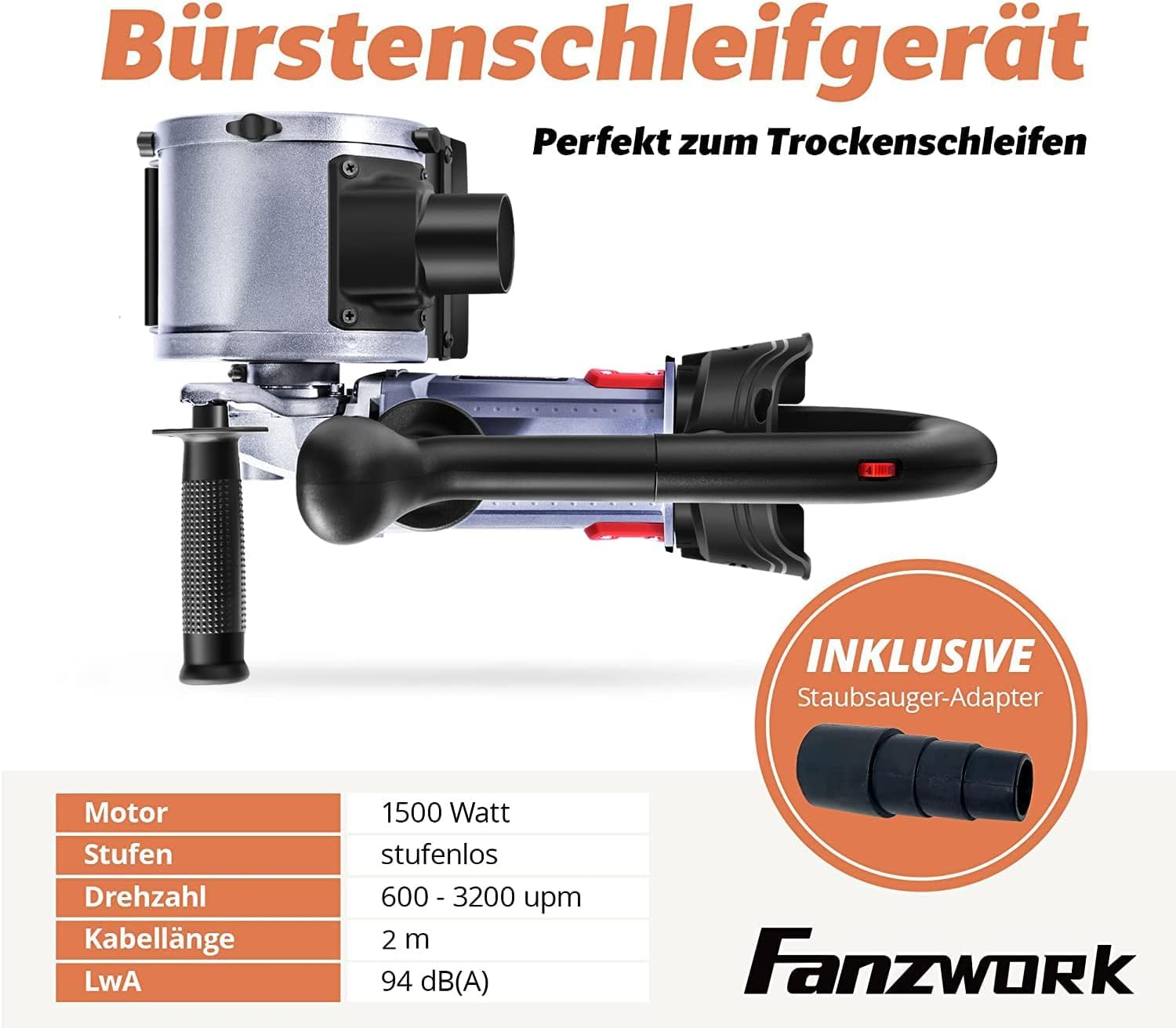 Bürstenschleifgerät mit 1500 Watt, Staubsauber-Adapter und technischen Daten.