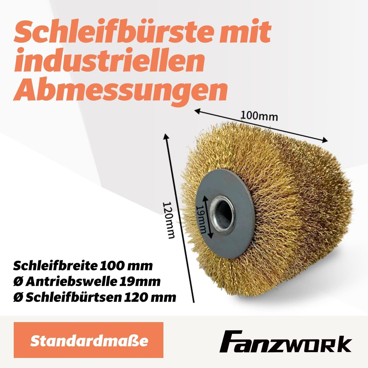 Technische Zeichnung und Maße einer zylindrischen Schleifbürste mit Metallborsten.