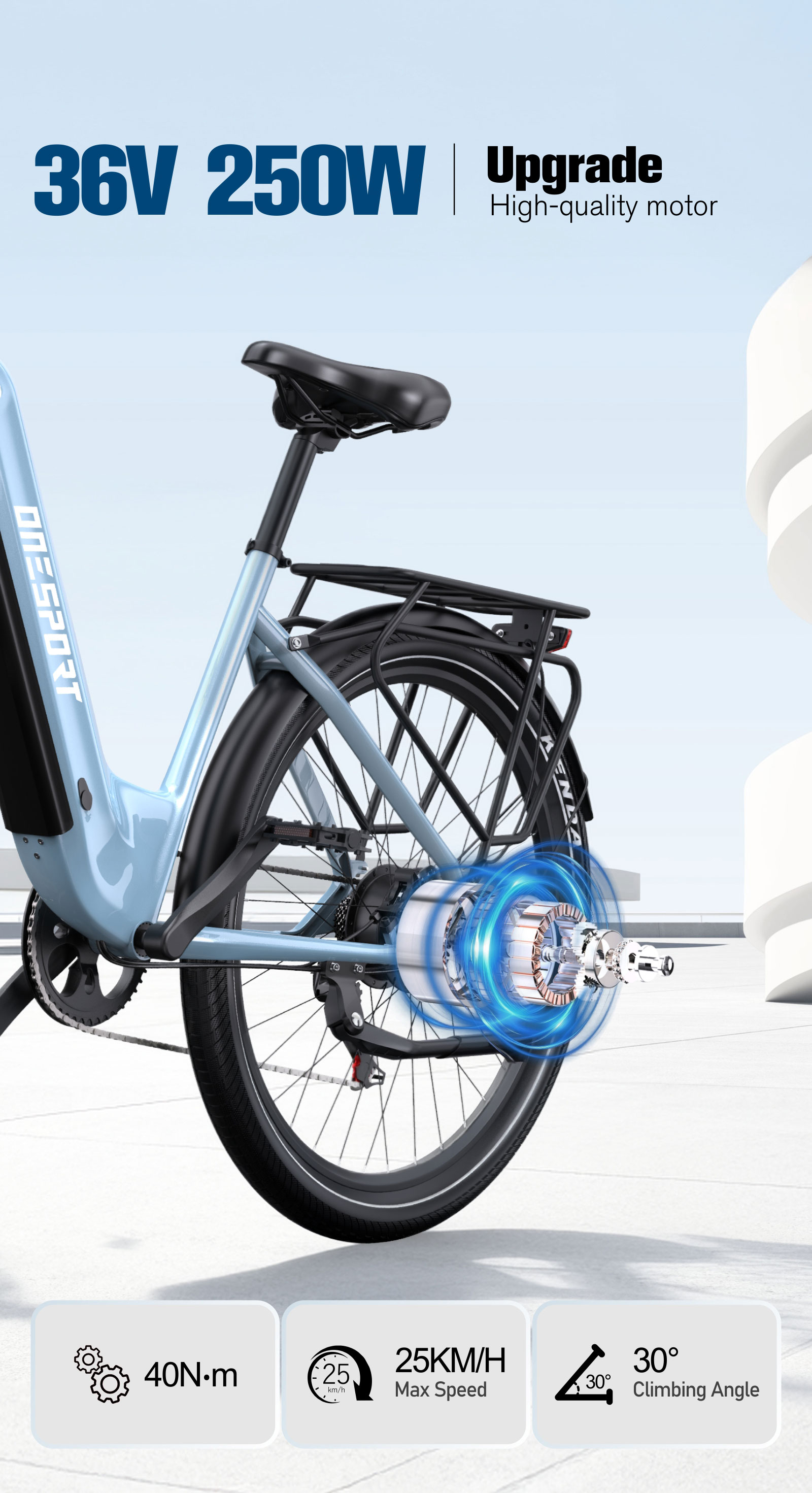 Gráfico de bicicleta eléctrica azul con motor 36V 250W, par de 40Nm, velocidad máxima de 25km/h y 30° de pendiente.