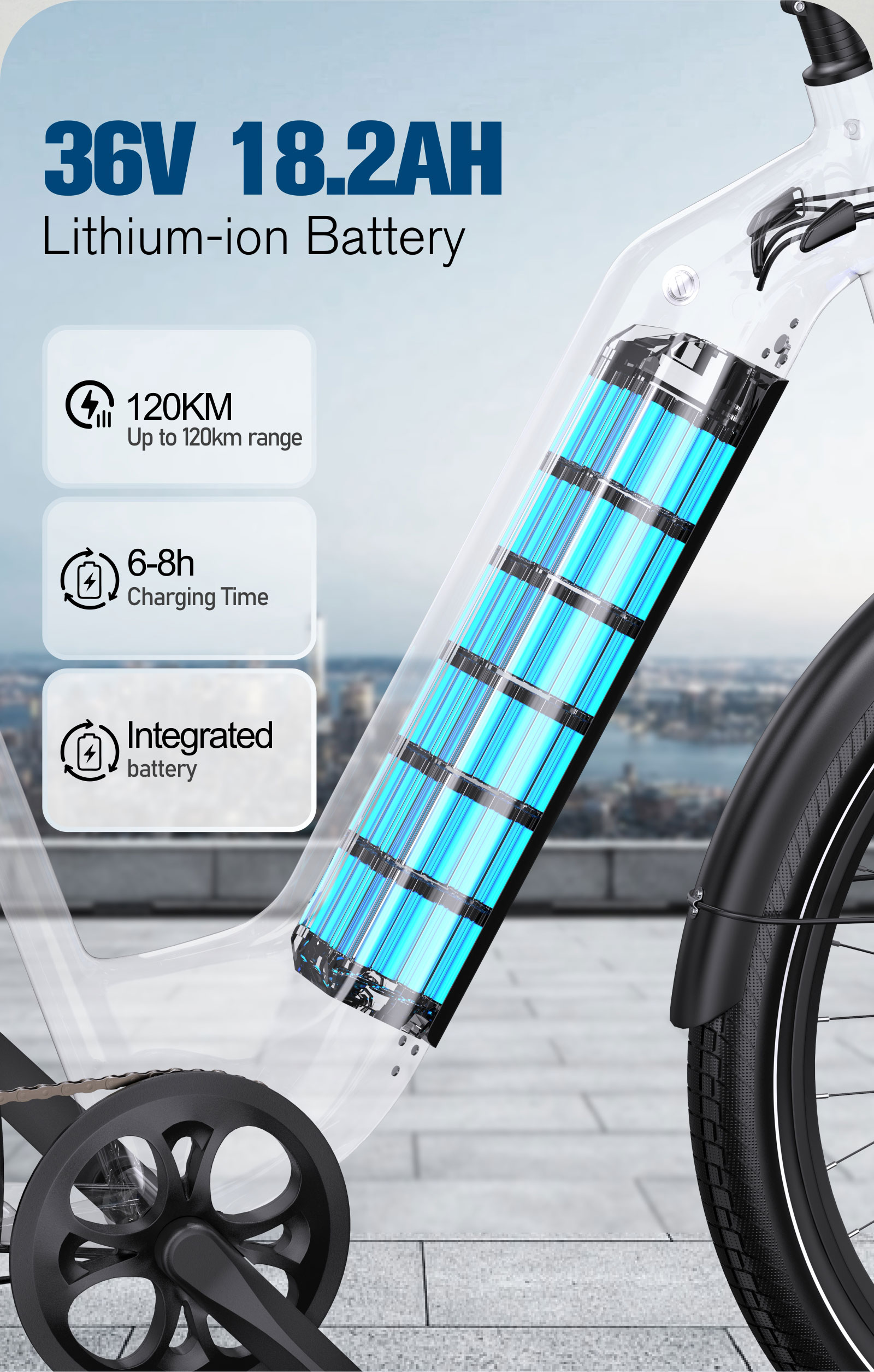 Bici eléctrica con batería integrada de 36V 18.2Ah, 120km de autonomía y 6-8h de carga.