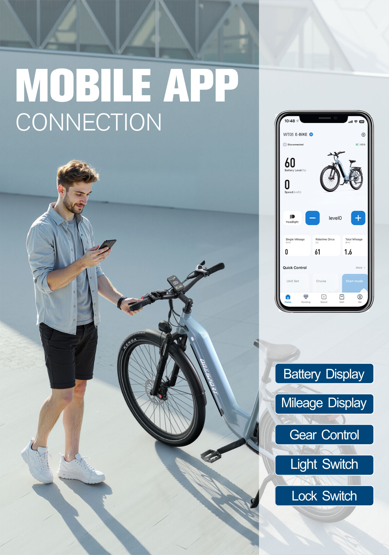 Un hombre usa una aplicación de smartphone para controlar y monitorear su bicicleta eléctrica azul.