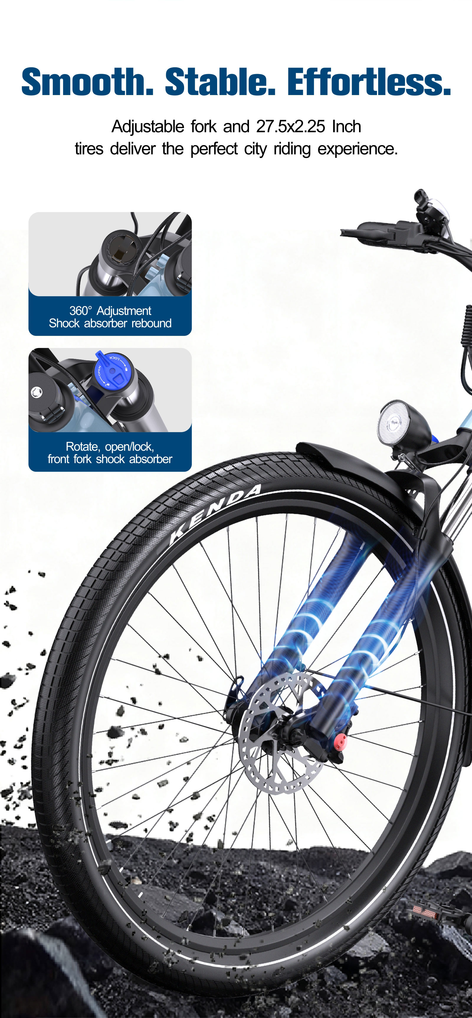Horquilla delantera de bicicleta y neumático Kenda con detalles de amortiguador.
