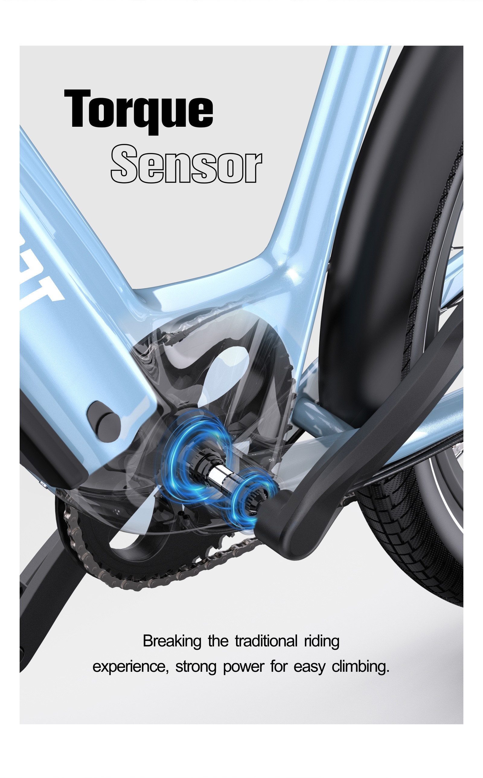 Diagrama de un sensor de par de e-bike en el eje pedalier con efecto de luz azul y texto.