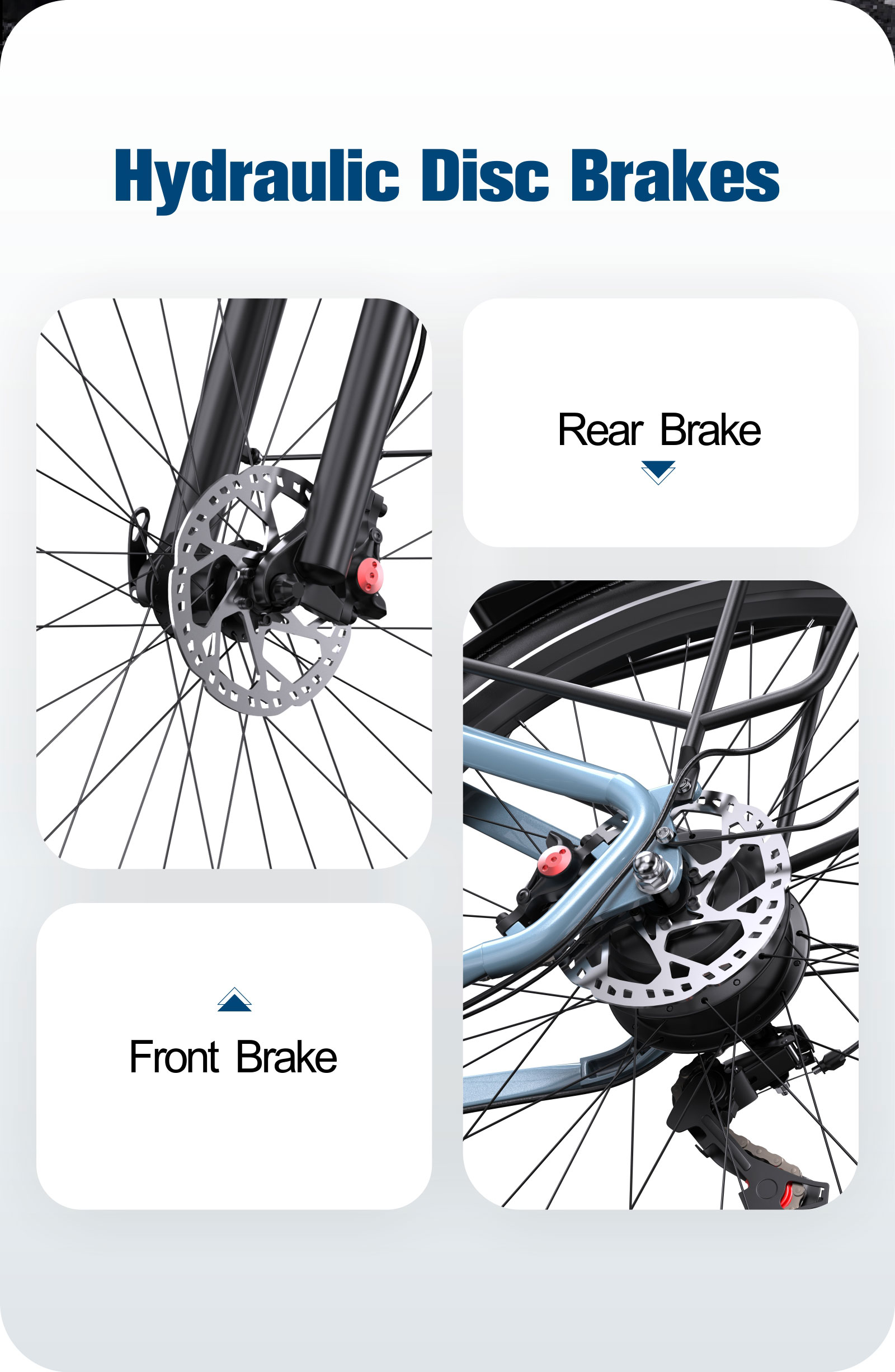 Primer plano de los frenos de disco hidráulicos delanteros y traseros de una bicicleta.