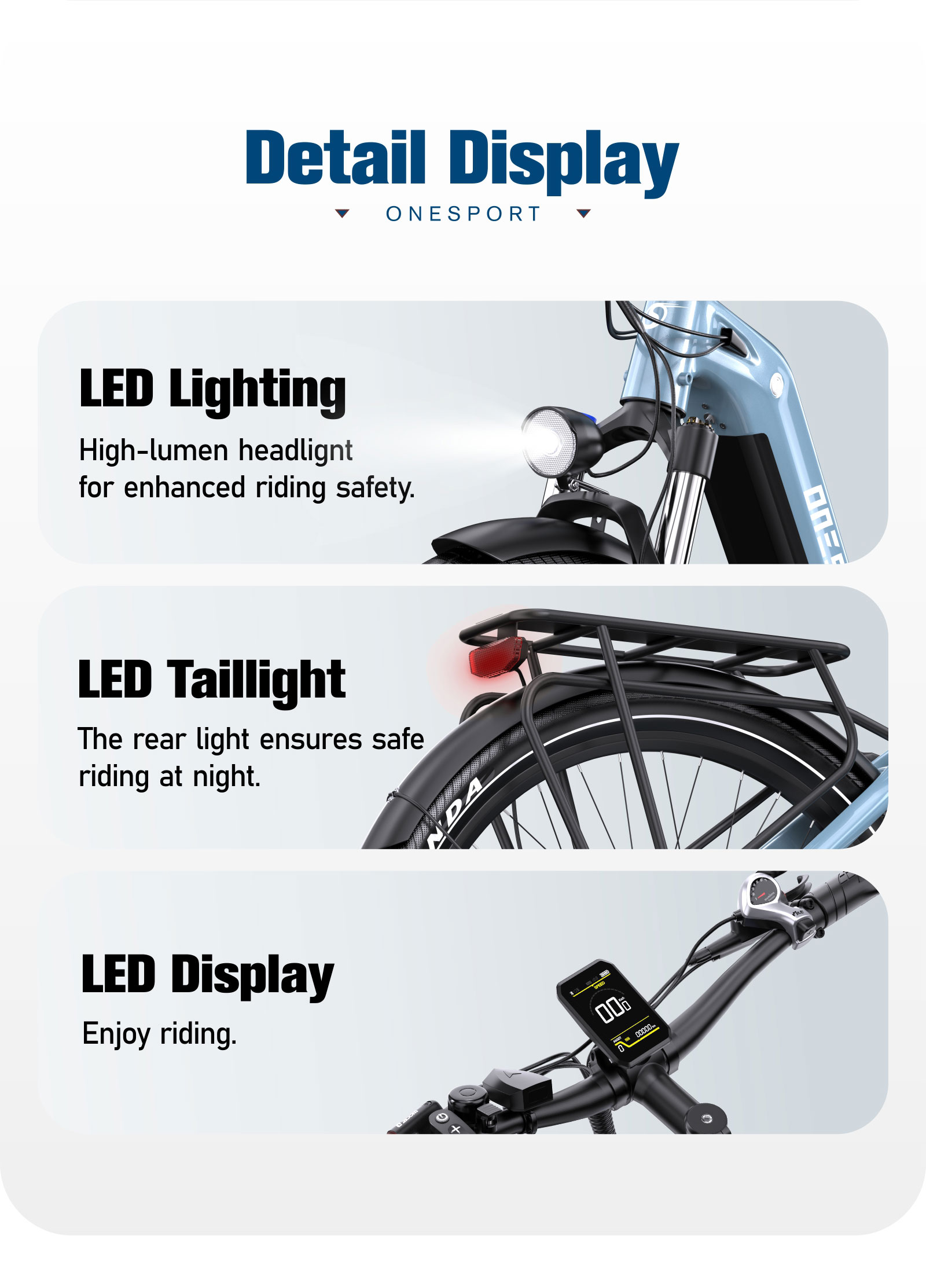 Detalles de e-bike: faro LED, luz trasera y pantalla para una conducción segura.