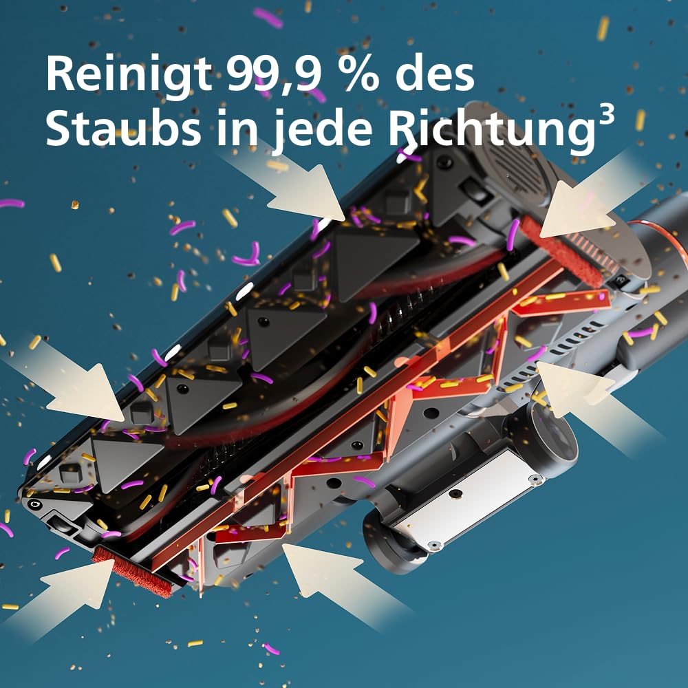 Unterseite eines Staubsaugerkopfes mit Bürsten und Pfeilen, die Staubpartikel auf blauem Hintergrund zeigen.