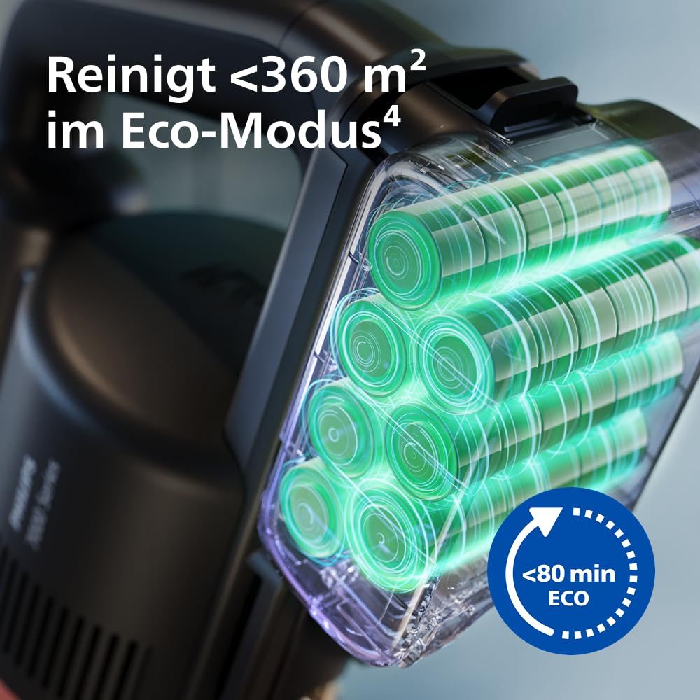 Akku-Staubsauger mit durchsichtigem Batteriebehälter, der grüne Akkus und Text zur Leistung zeigt.