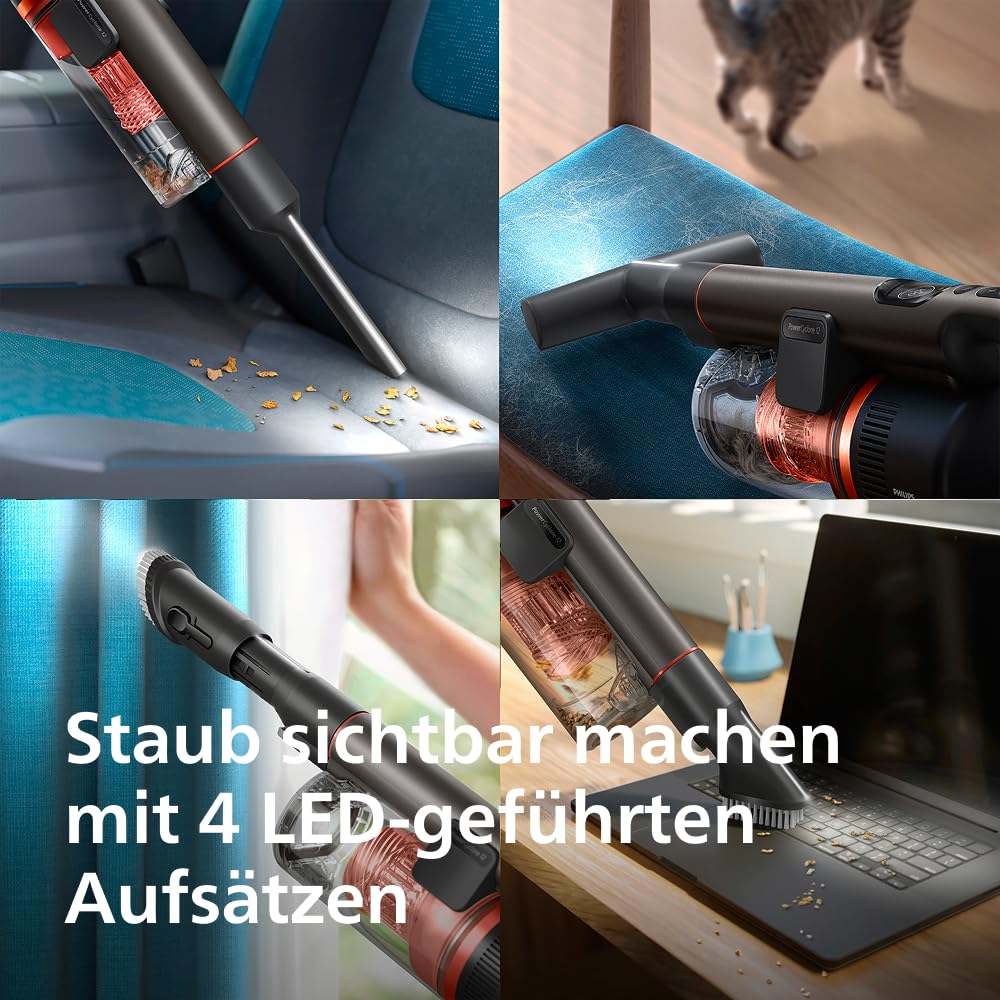 Kabelloser Staubsauger mit LED-Aufbauten im Einsatz auf Autositz, Kissen, Vorhang und Laptop.