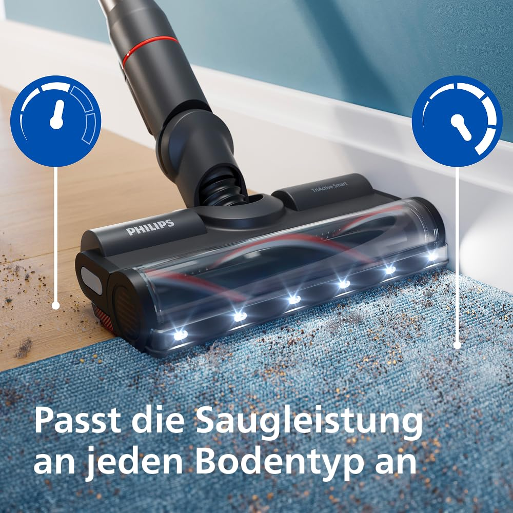 Philips-Staubsaugerdüse mit LEDs reinigt Teppich und Hartboden.