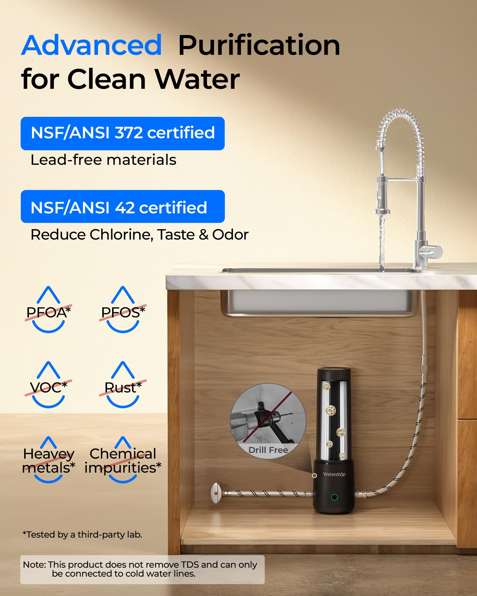 Wasserfilter unter einer Spüle mit Zertifizierung und Reinheitsangaben.