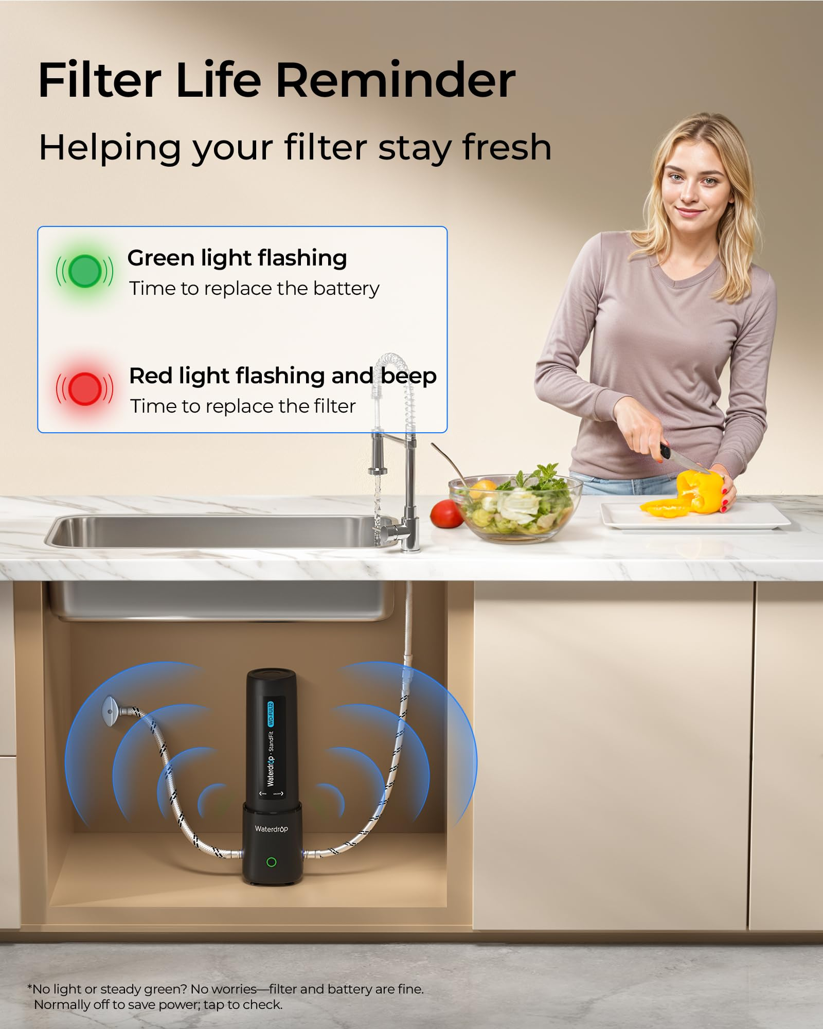 Filterlebensdauer-Erinnerung mit LED-Anzeigen, einer Frau in der Küche und einem Untertisch-Wasserfiltersystem.