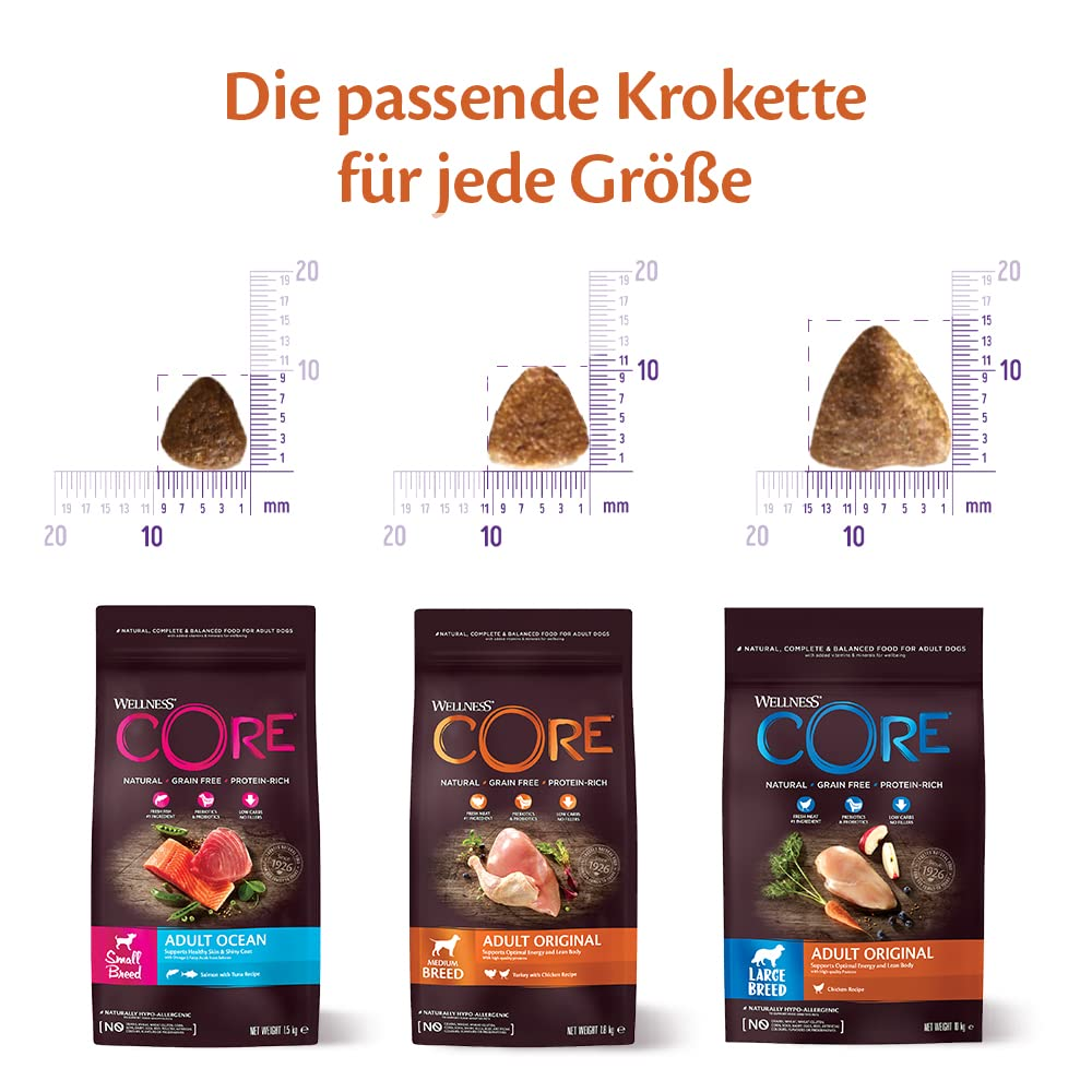 Drei verschiedene Größen von Hundefutterkroketten mit dazugehörigen Wellness CORE Verpackungen.