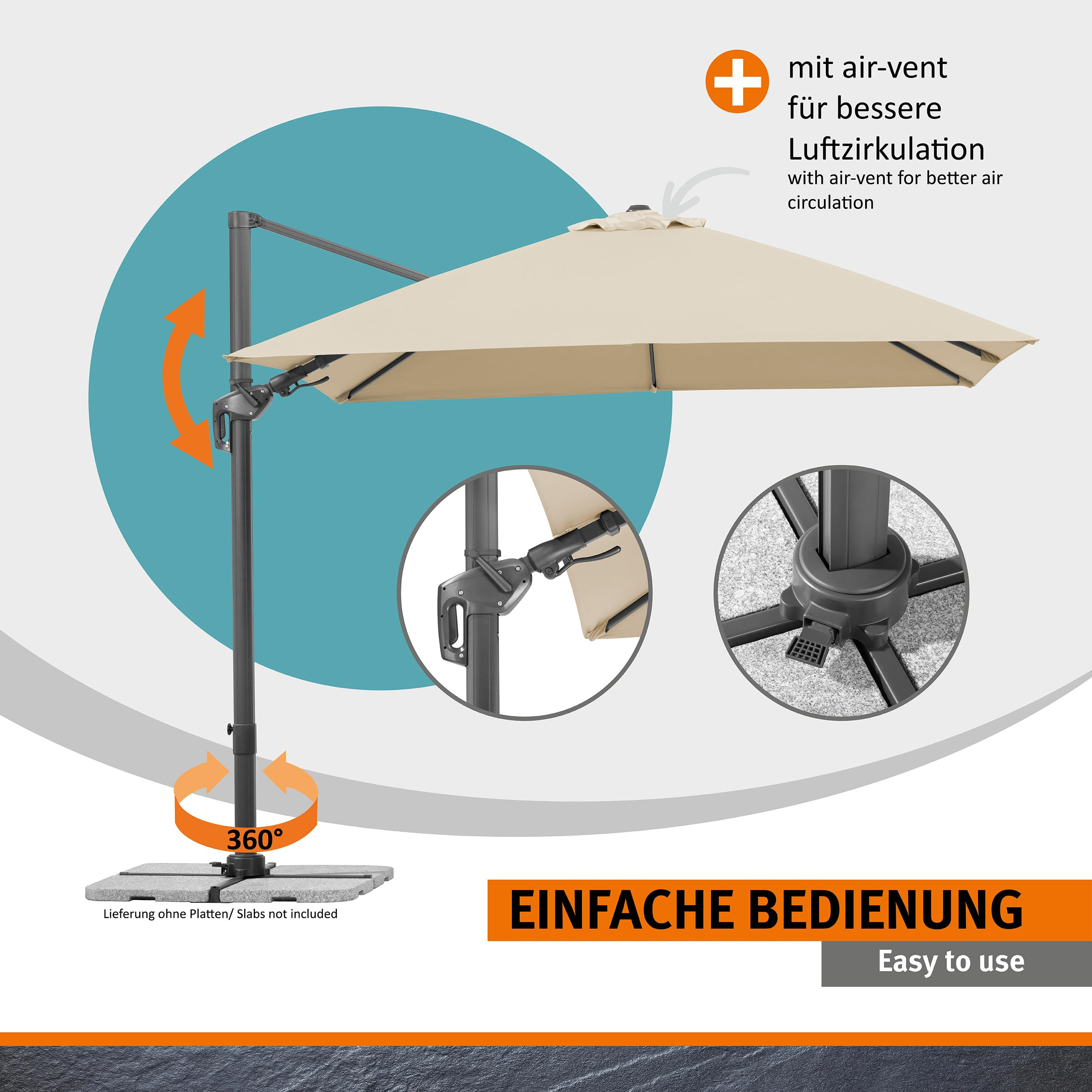 Beige Ampelschirm mit 360-Grad-Drehung und Air-Vent für gute Belüftung.