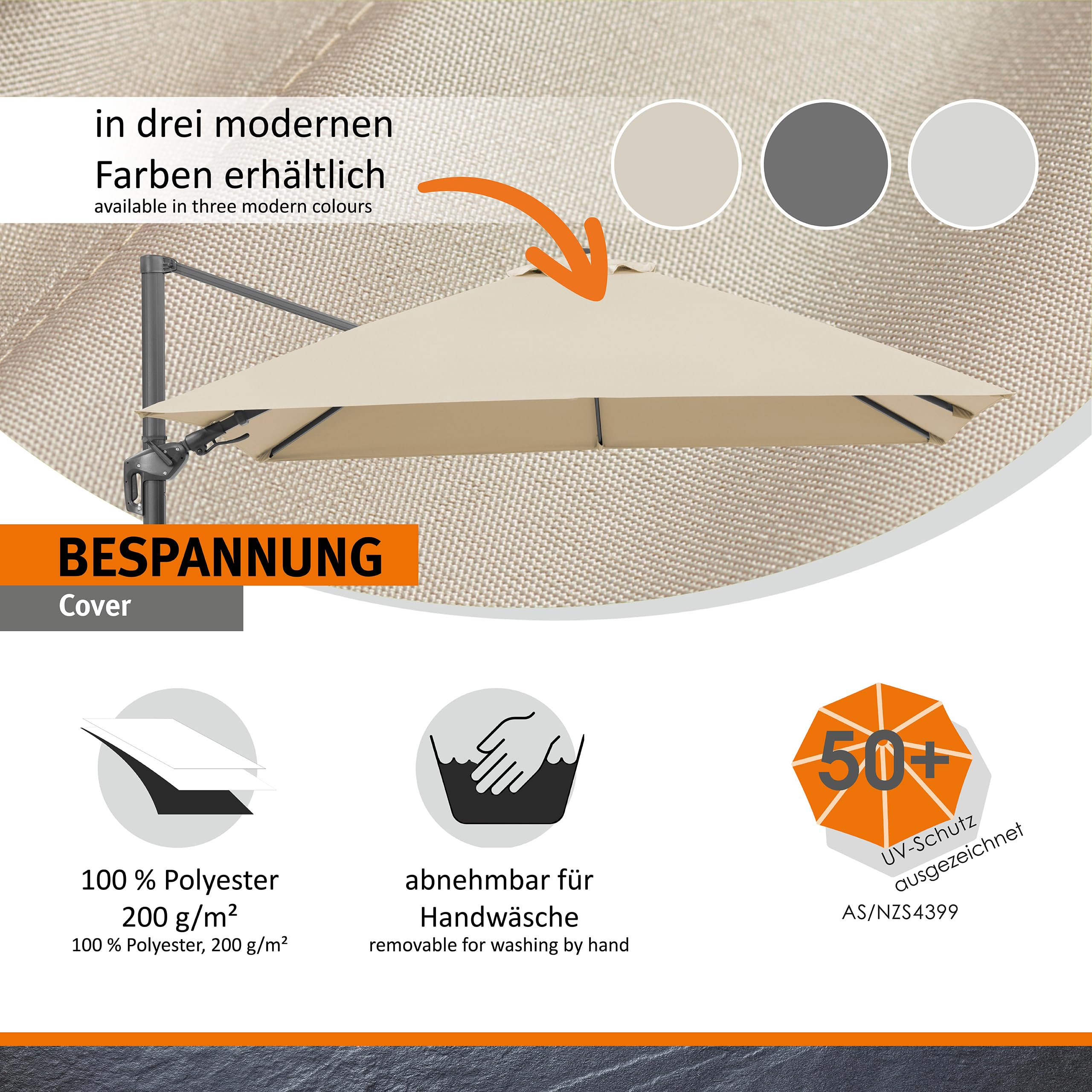 Beige Sonnenschirm-Bespannung aus 100% Polyester mit UV-Schutz 50+, handwaschbar, in drei Farben erhältlich.