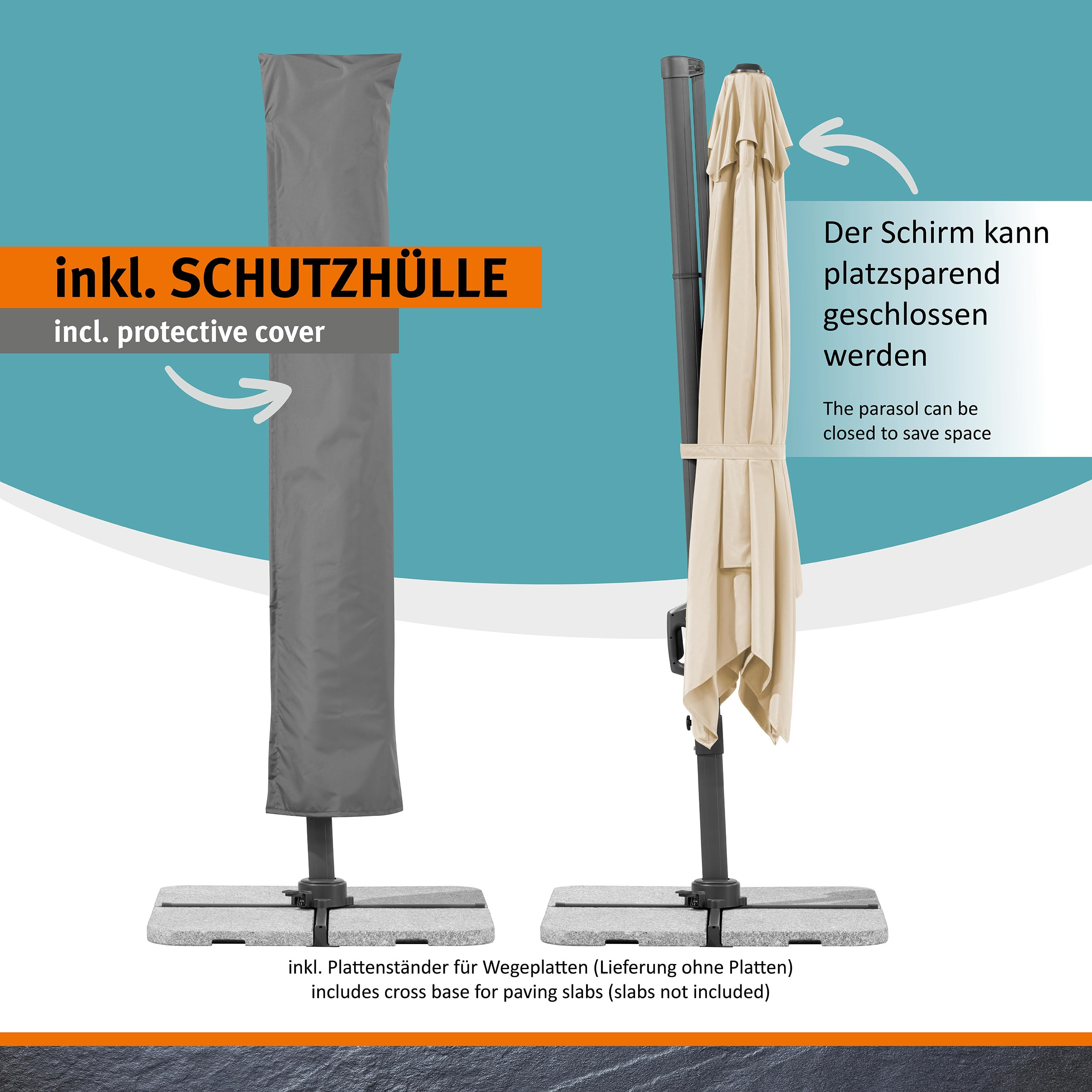 Ein geschlossener beiger Sonnenschirm und einer mit Schutzhülle auf Plattenständern vor blauem Hintergrund.
