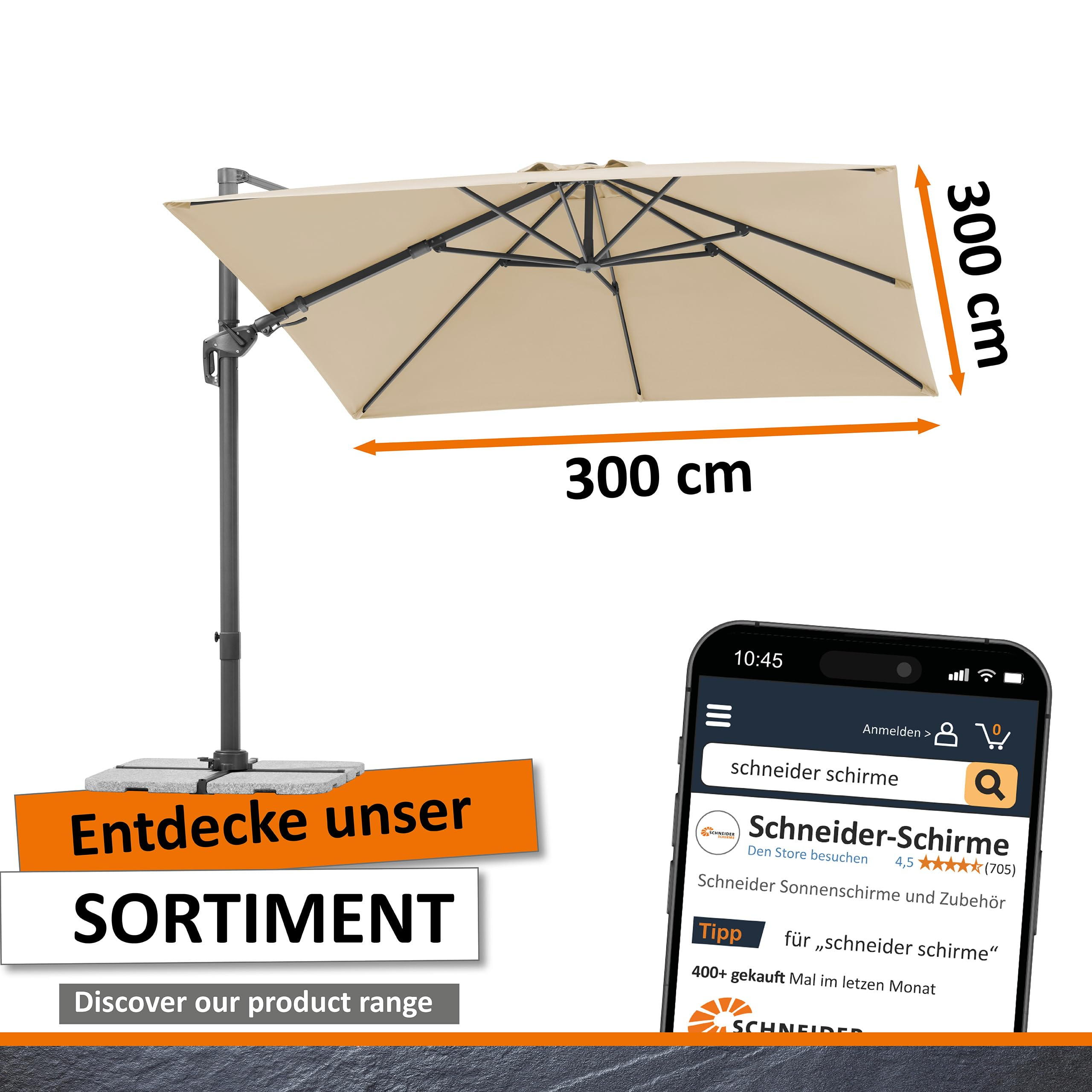 Beige Hängeschirm (300x300 cm) mit Ständer und Smartphone im Vordergrund, das einen Online-Shop zeigt.