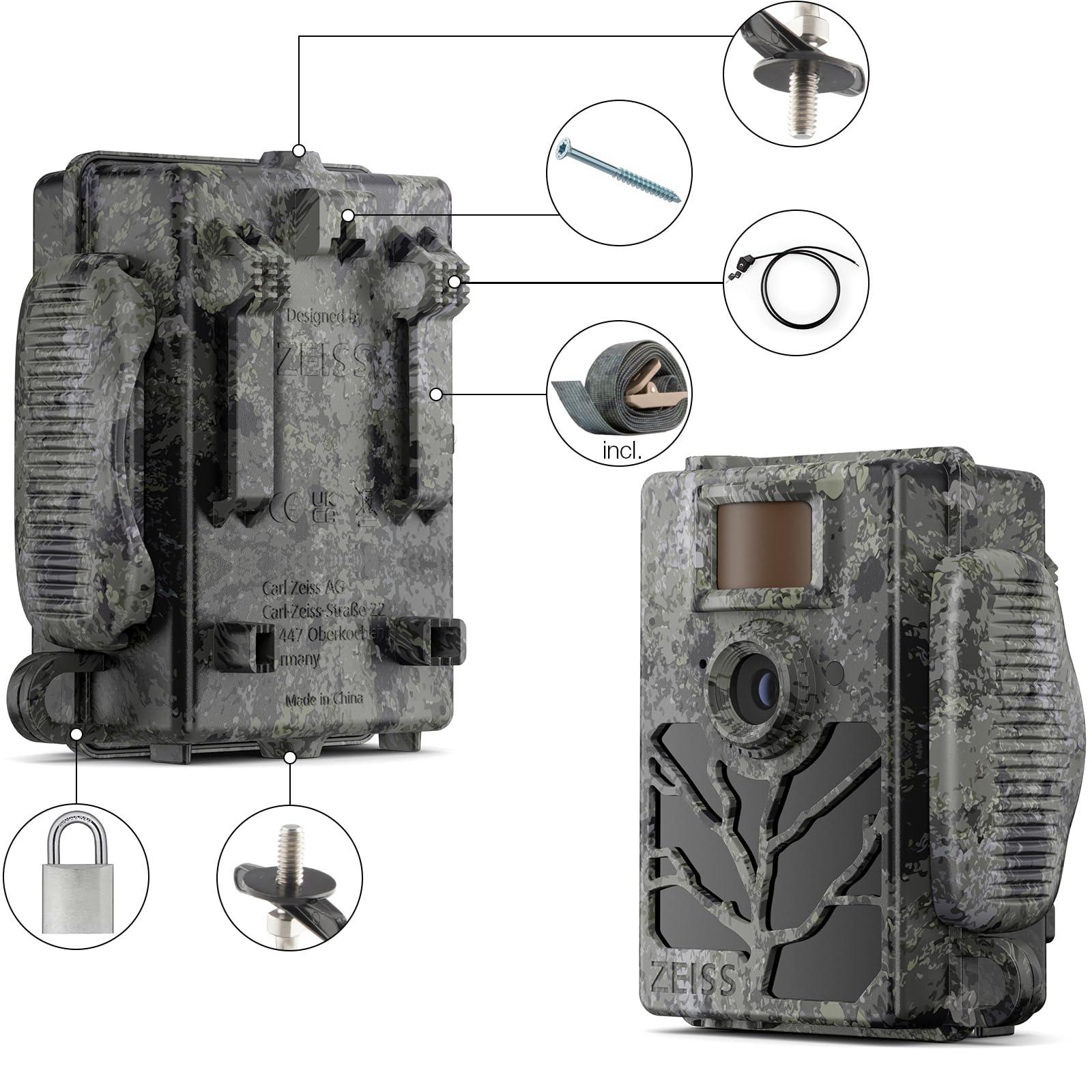 Caméra de chasse camouflage avec accessoires comme vis et sangles.