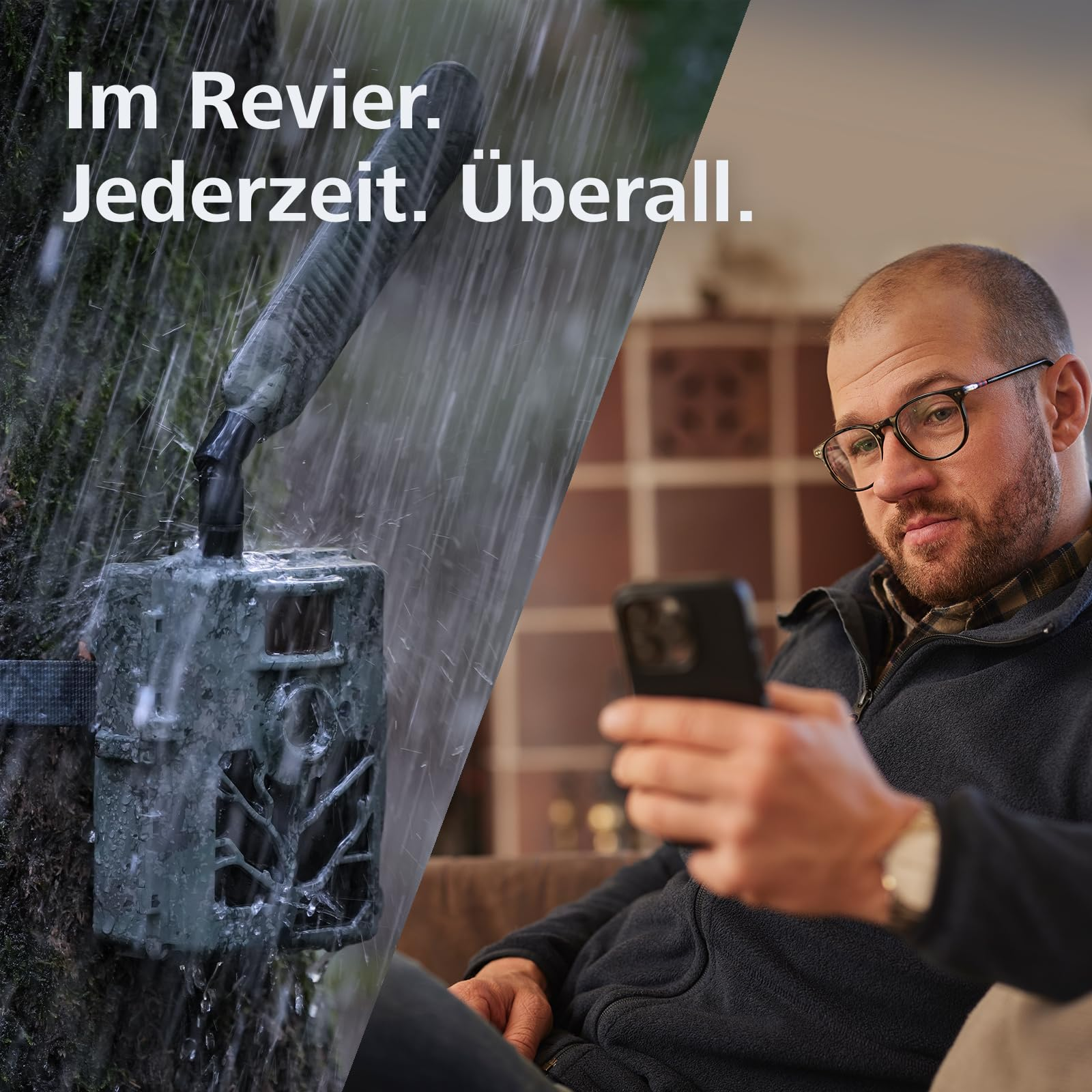 Une caméra de chasse sur un arbre sous la pluie et un homme à l'intérieur regardant son smartphone.