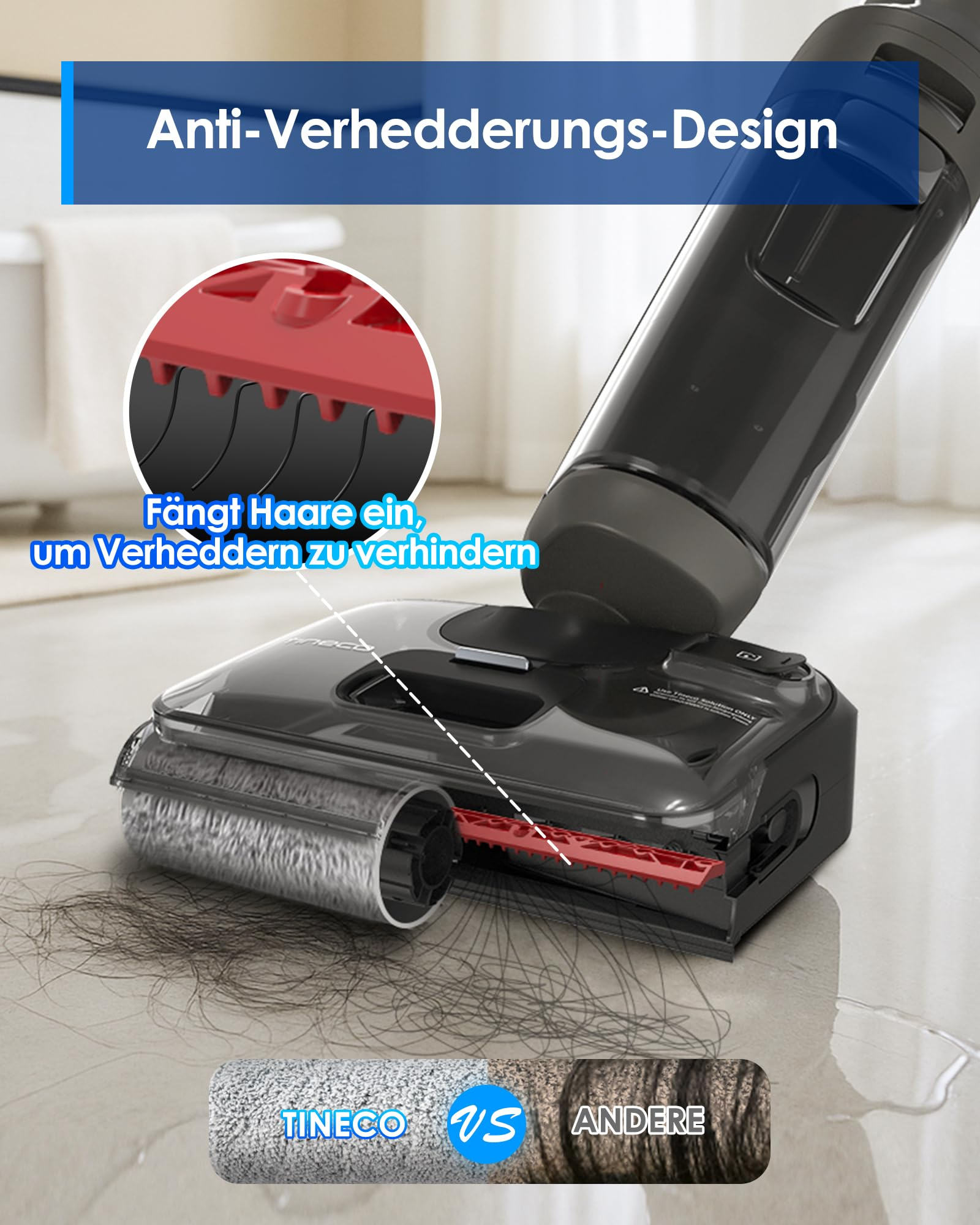 Design anti-aggrovigliamento con pettine rosso che cattura i capelli dal rullo della spazzola.