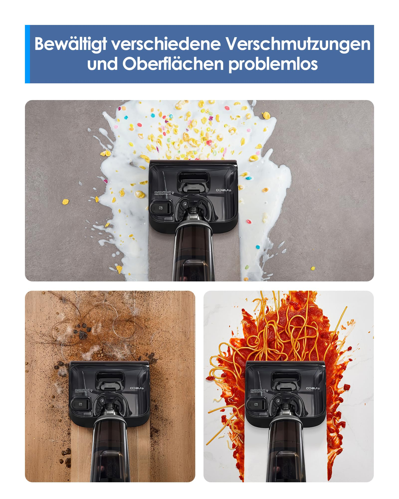 Un aspirapolvere pulisce varie superfici da latte con cereali, capelli e spaghetti con salsa.