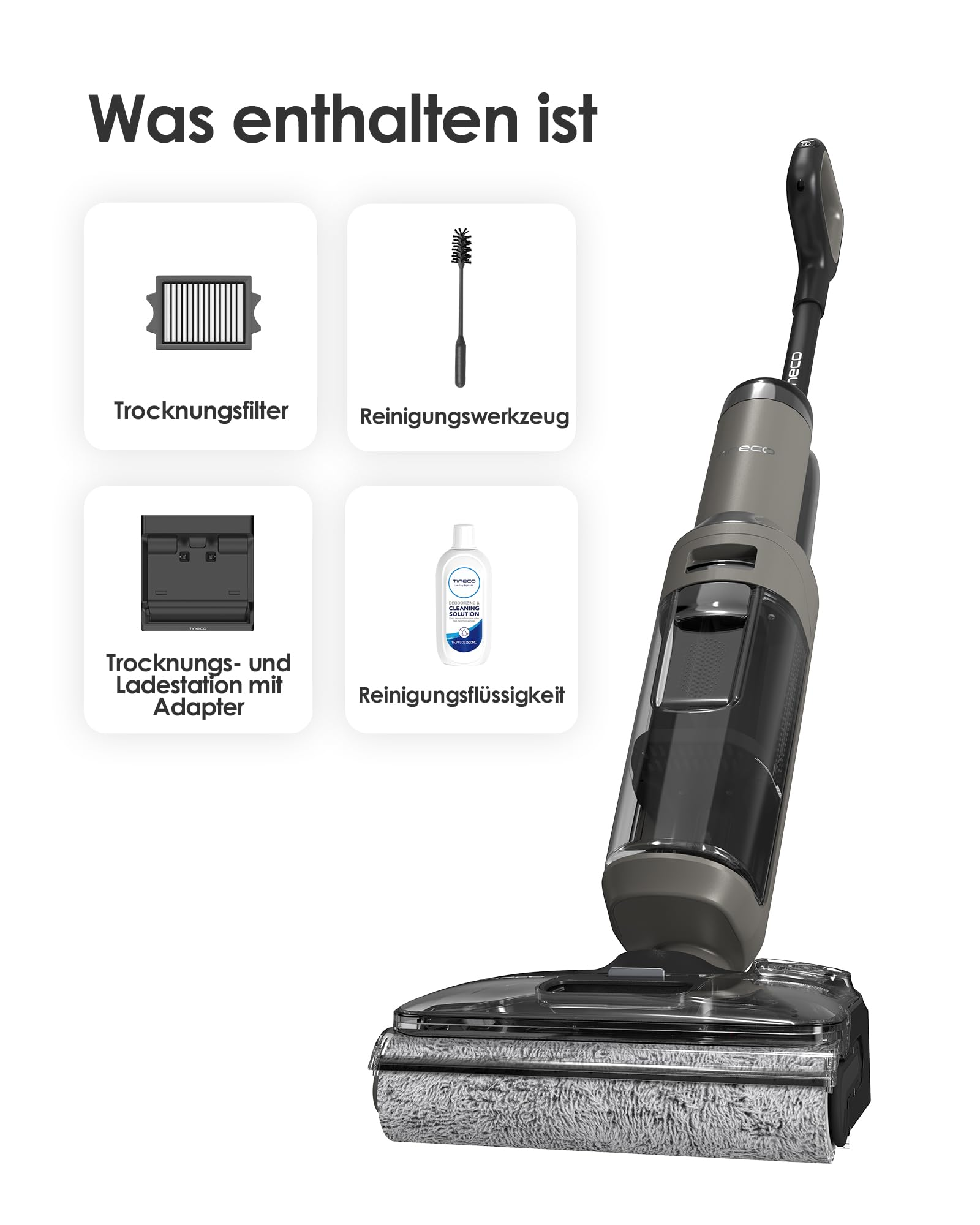 Aspirapolvere lavapavimenti senza fili con quattro accessori inclusi su sfondo bianco.