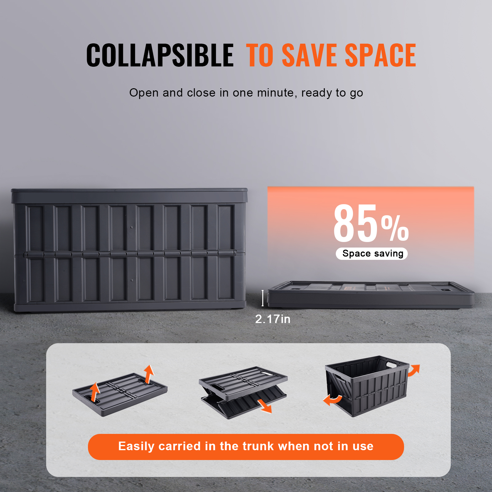 Graue Faltbox spart 85% Platz, zeigt flach gefaltete und aufgebaute Versionen sowie Grafiken.