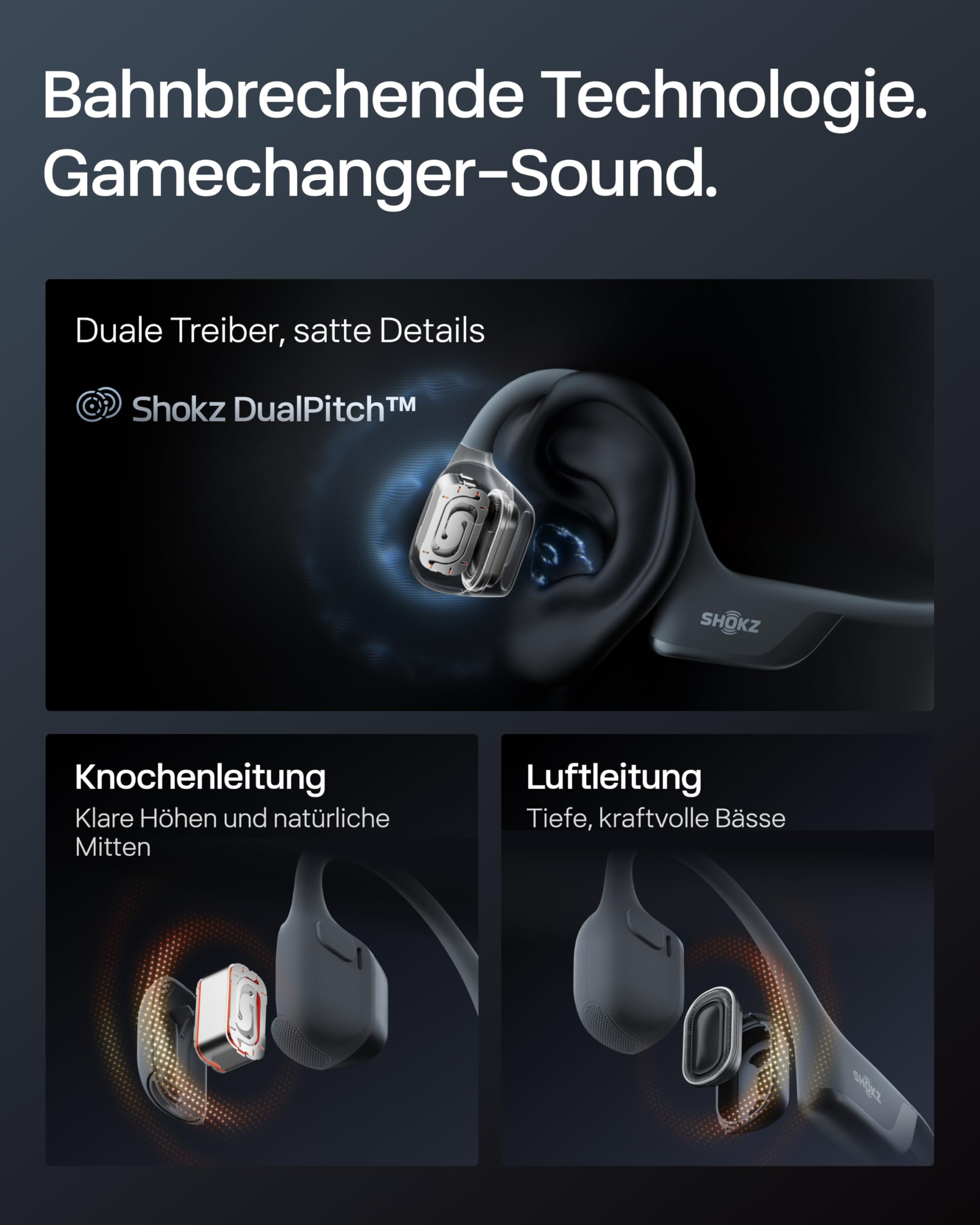 Shokz OpenEar-Kopfhörer zeigen Knochen- und Luftleitung für klaren Sound.